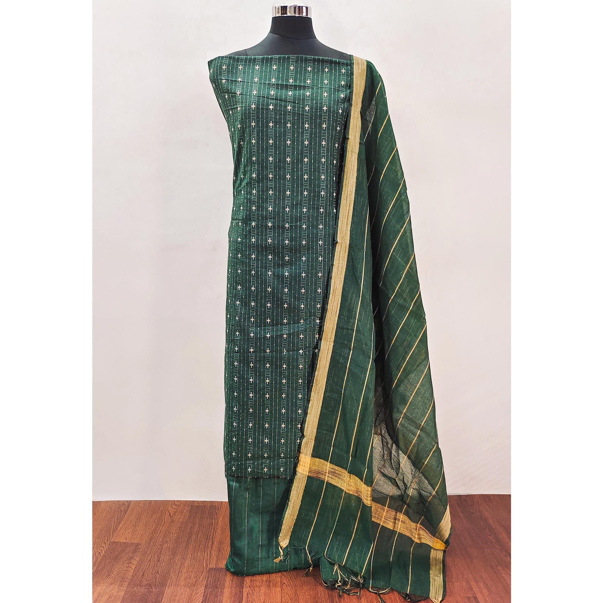 Green Woven Pure Cotton Dress Material