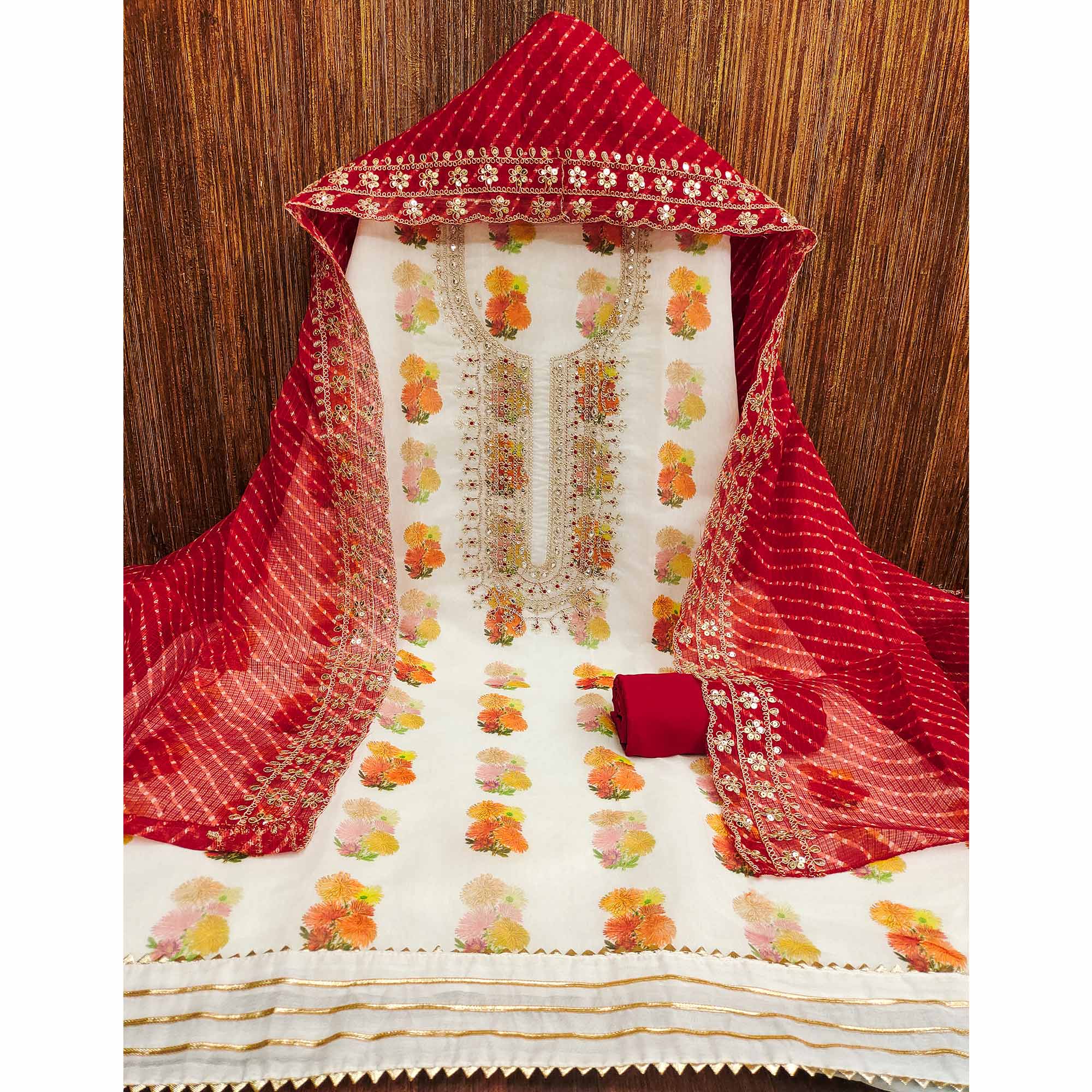 White Floral Printed Chanderi Dress Material