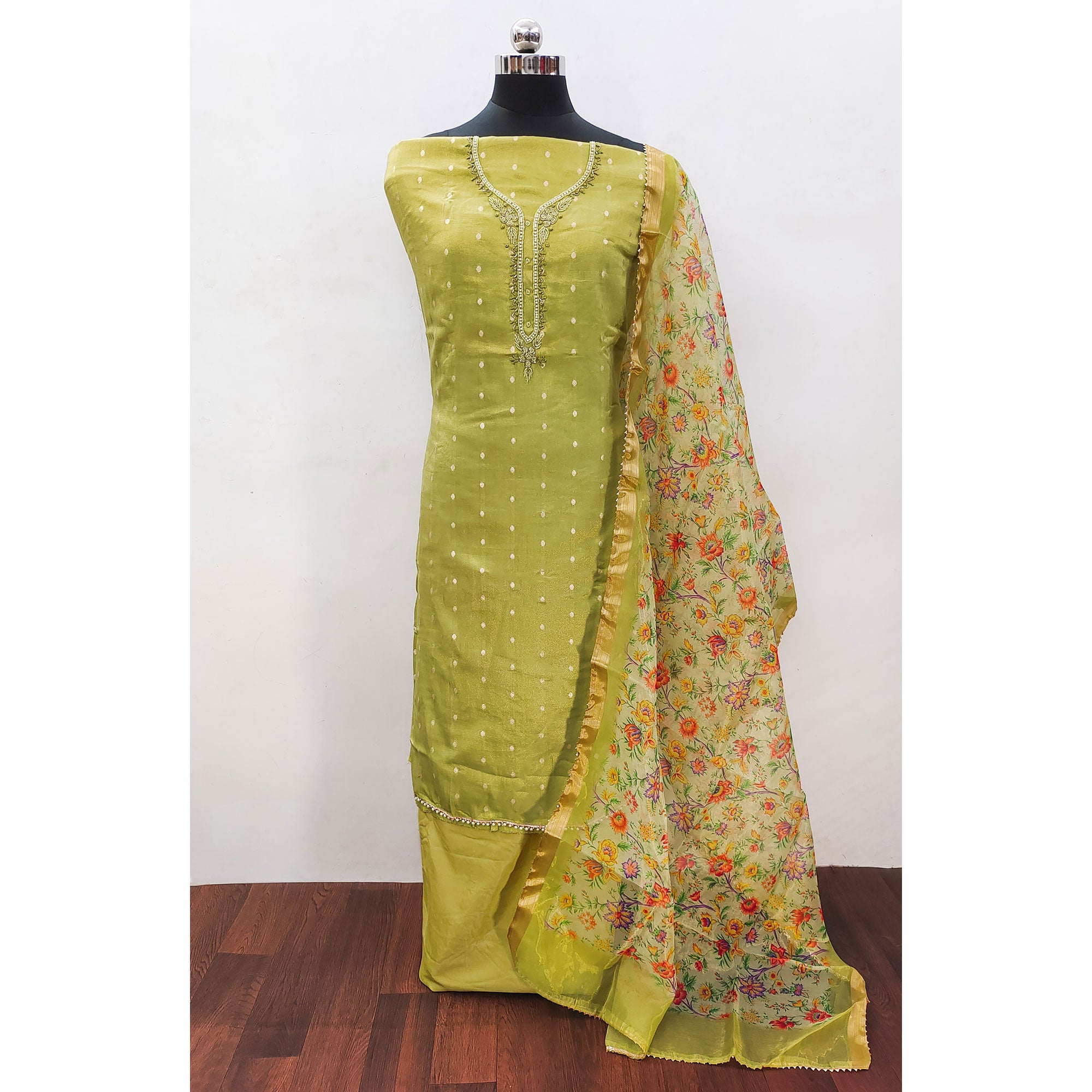 Green Zari Work Woven Net Dress Material