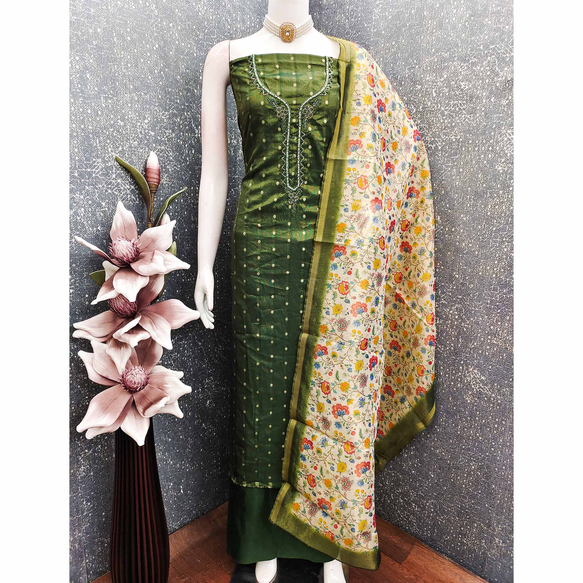 Festive Mehendi Green Net Dress Material Accented with Intricate Zari Weaving