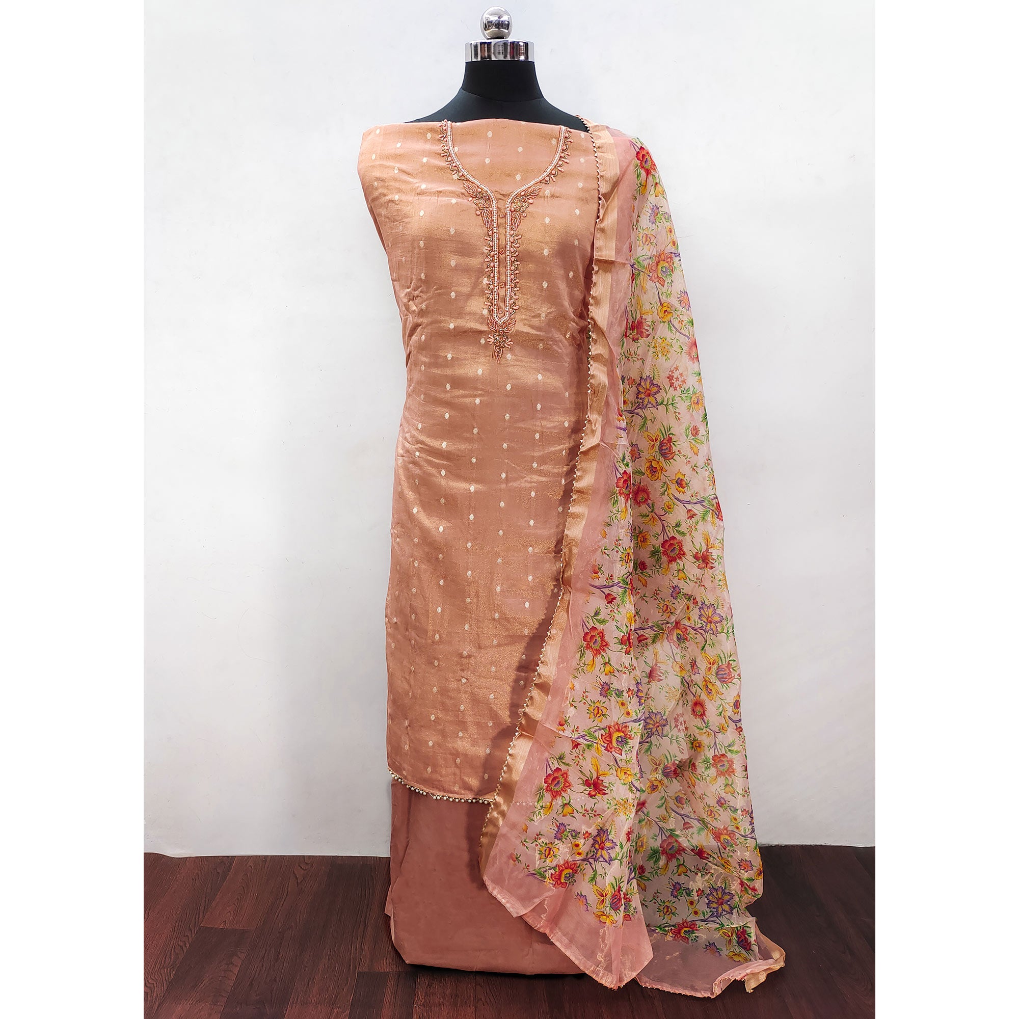 Peach Zari Work Woven Net Dress Material