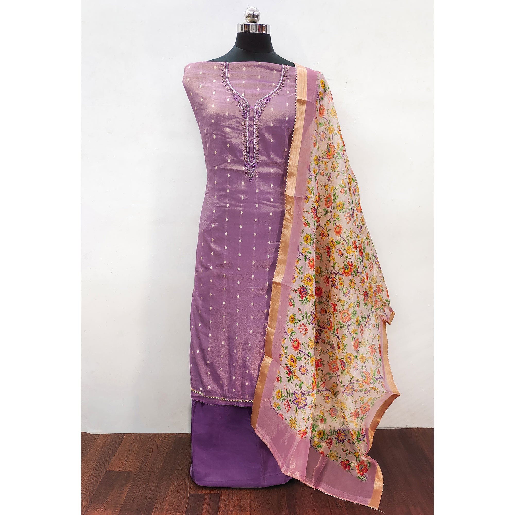 Purple Zari Work Woven Net Dress Material