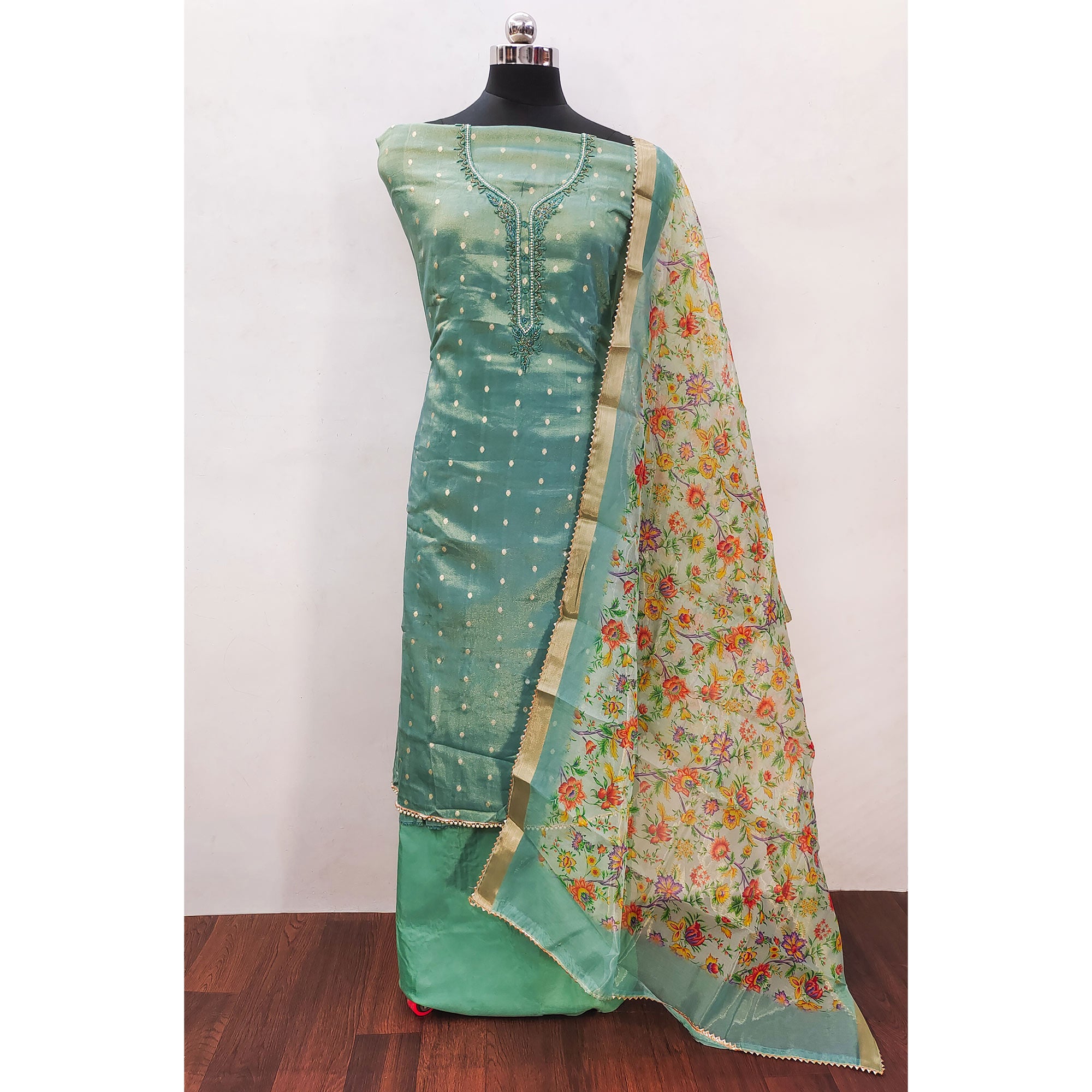 Sea Green Zari Work Woven Net Dress Material