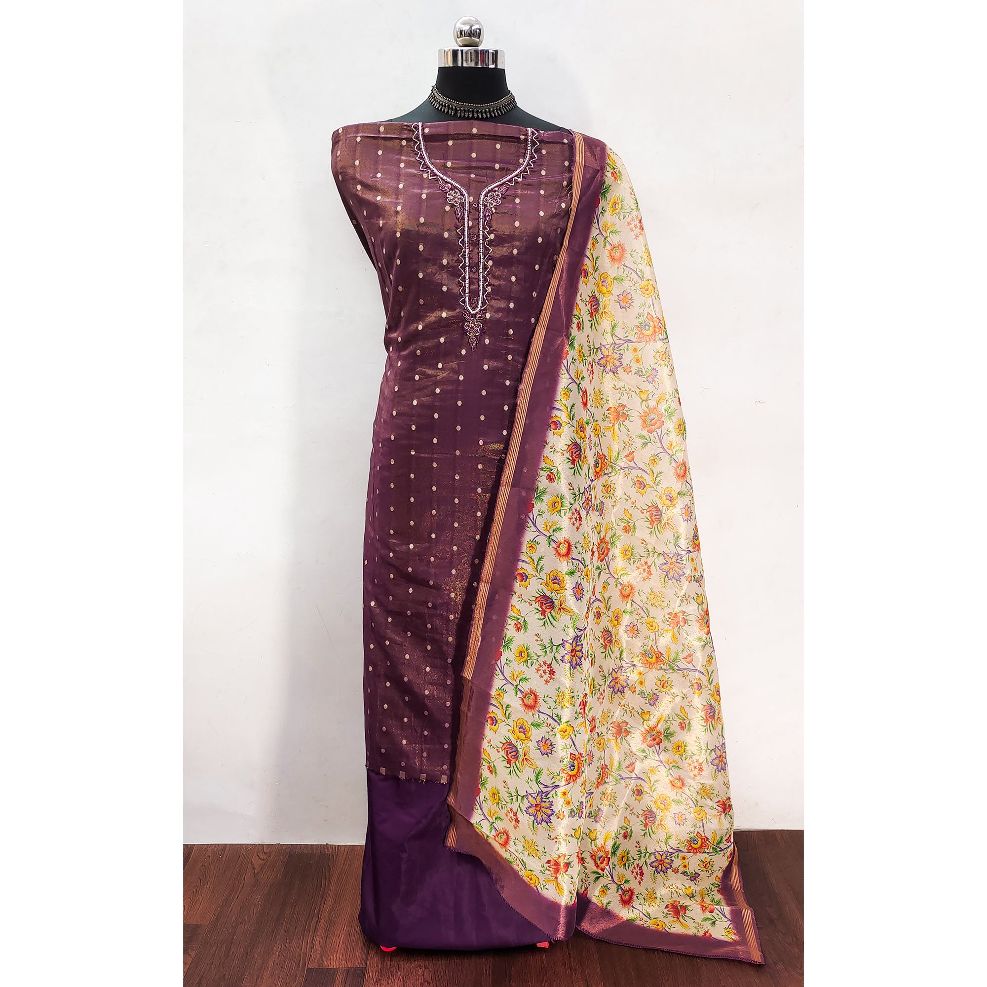 Wine Zari Work Woven Net Dress Material