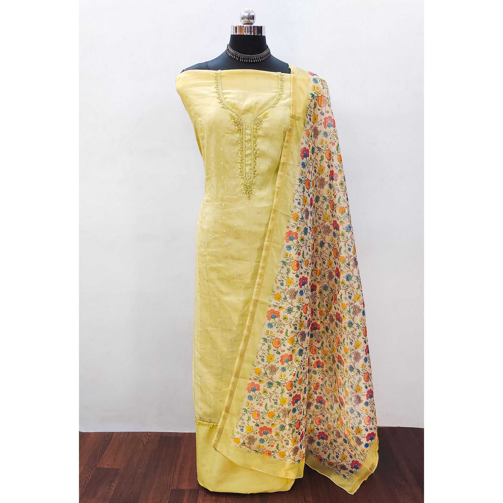 Yellow Zari Work Woven Net Dress Material