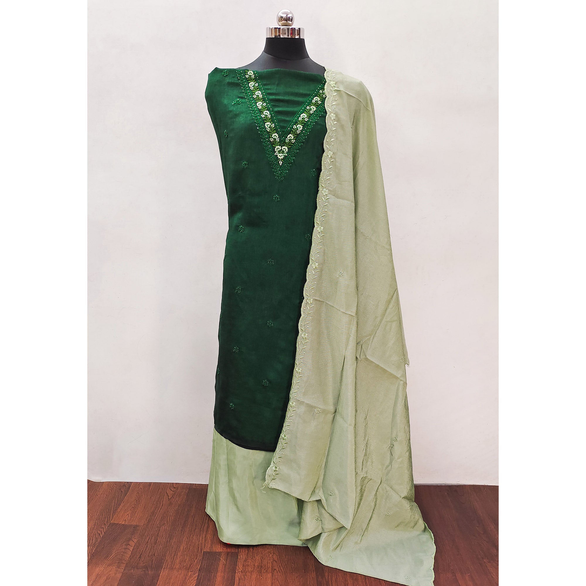 Green Floral Embroidered Vichitra Silk Dress Material