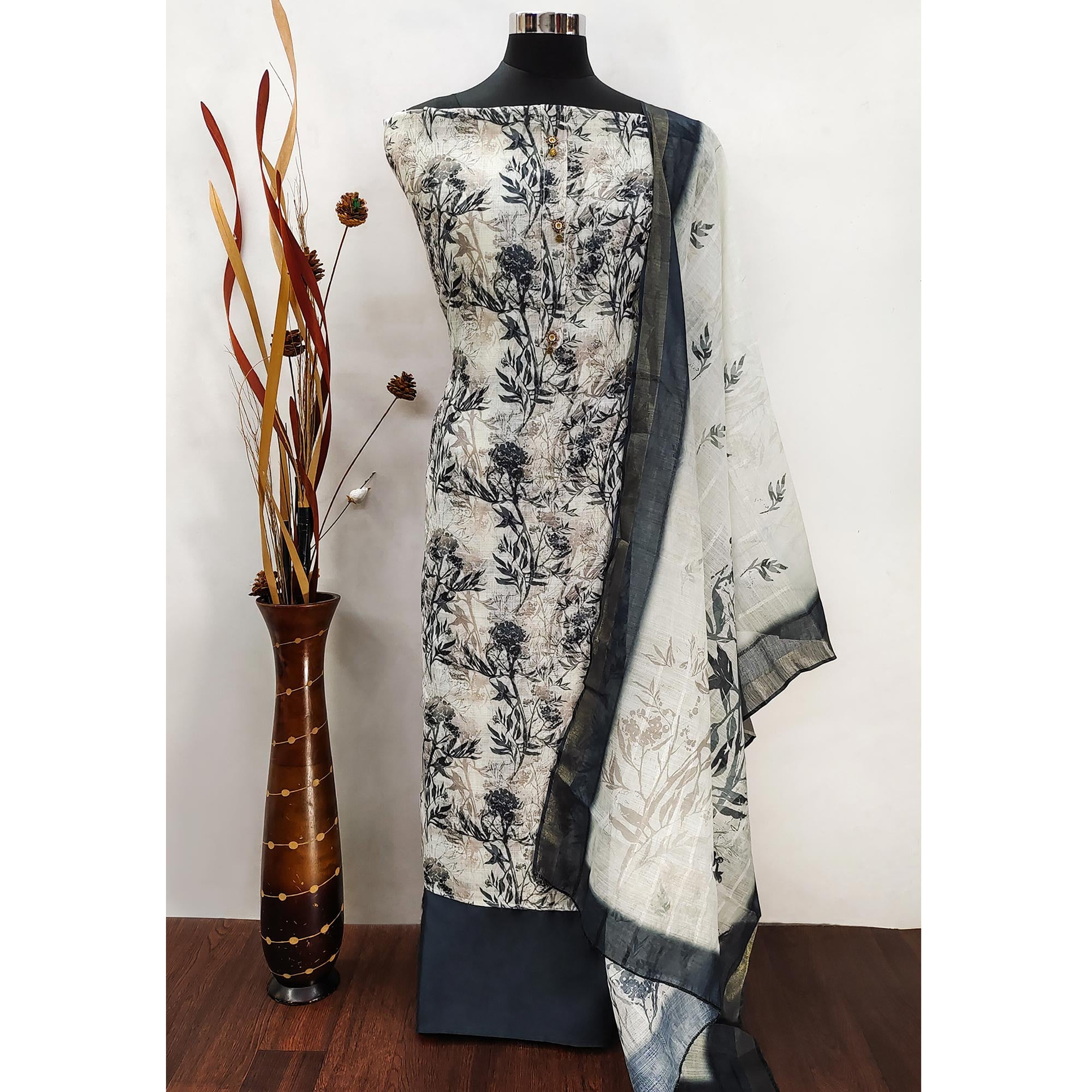 White Floral Printed Linen Dress Material