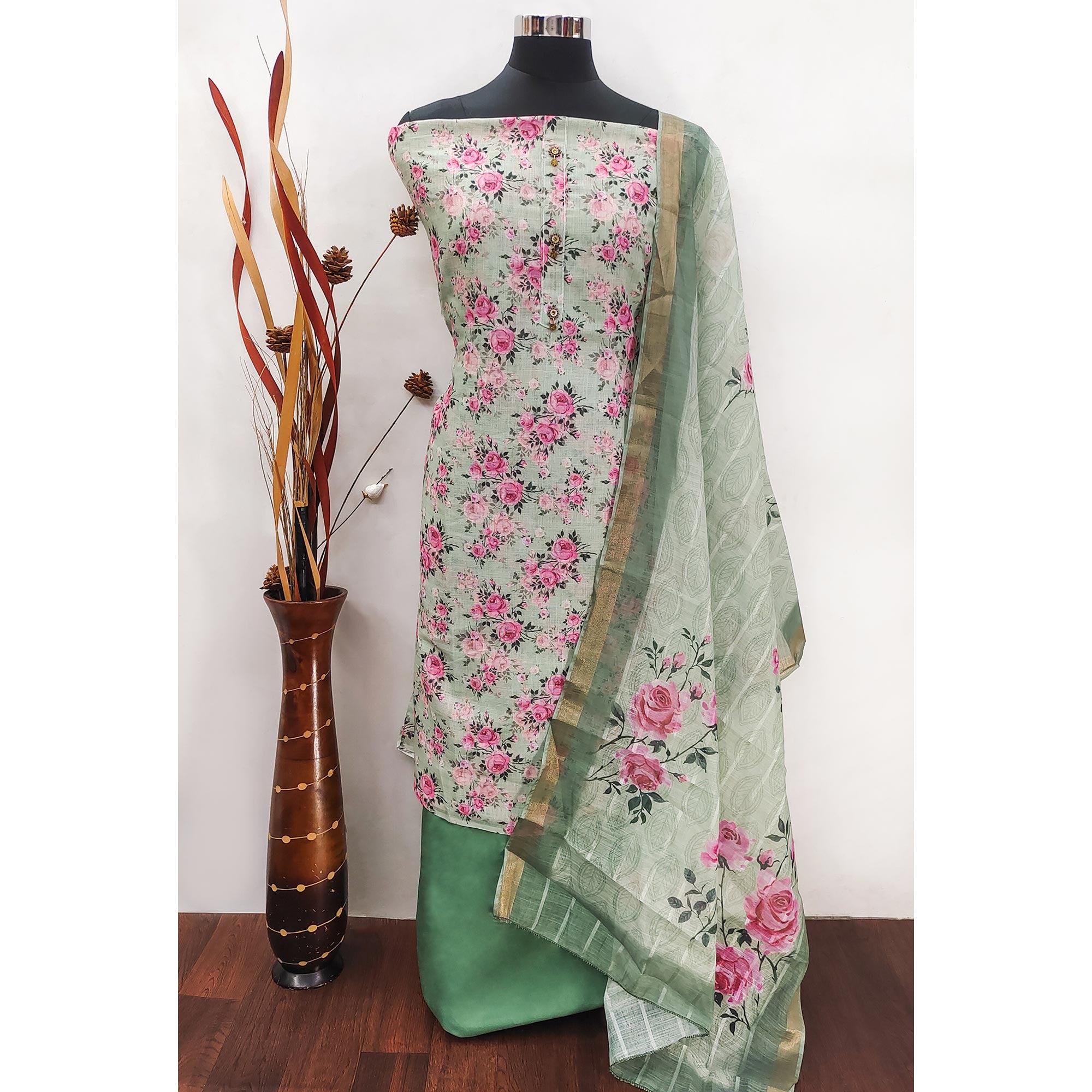 Dusty Green Floral Printed Linen Dress Material