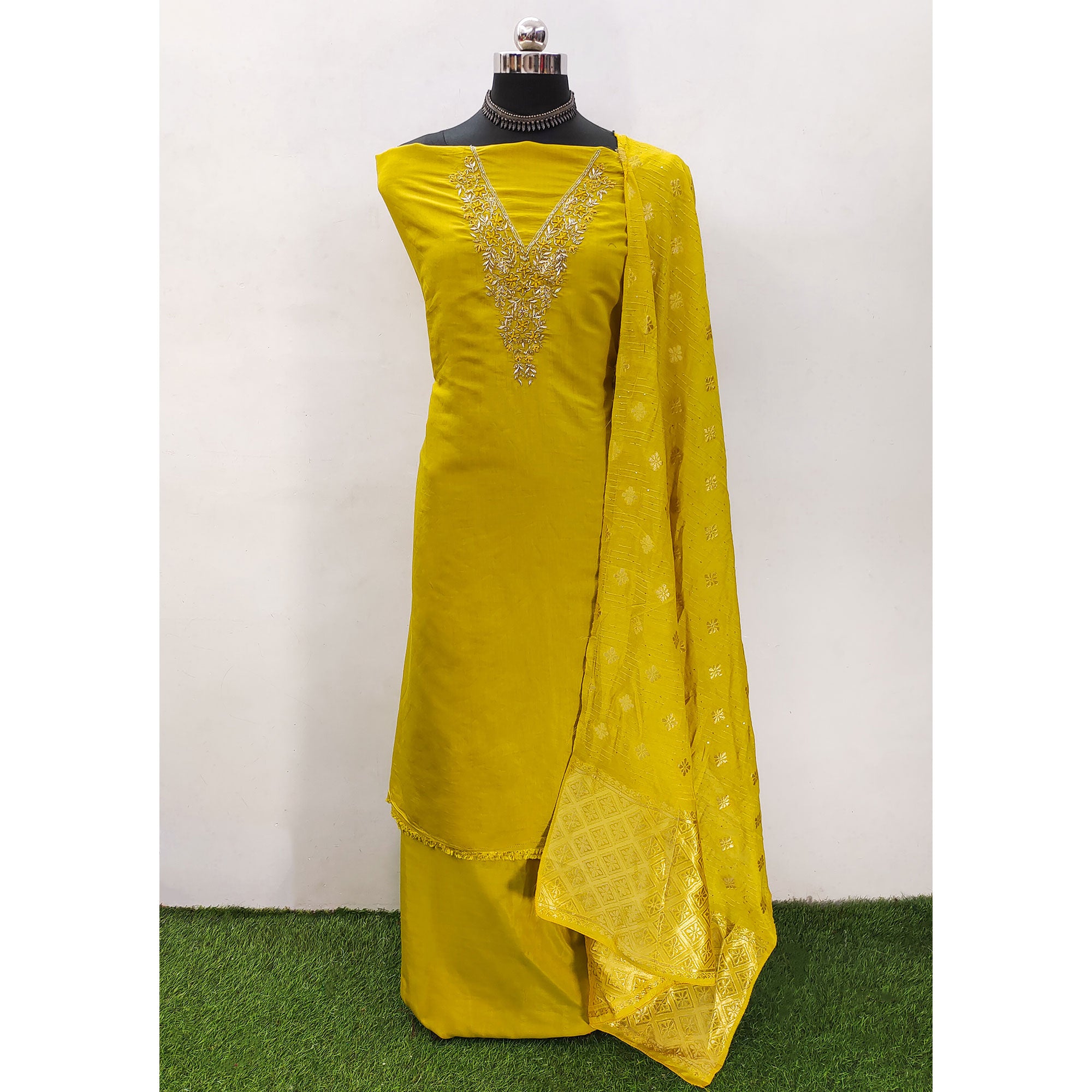 Mustard Beads Embroidered Viscose Dress Material