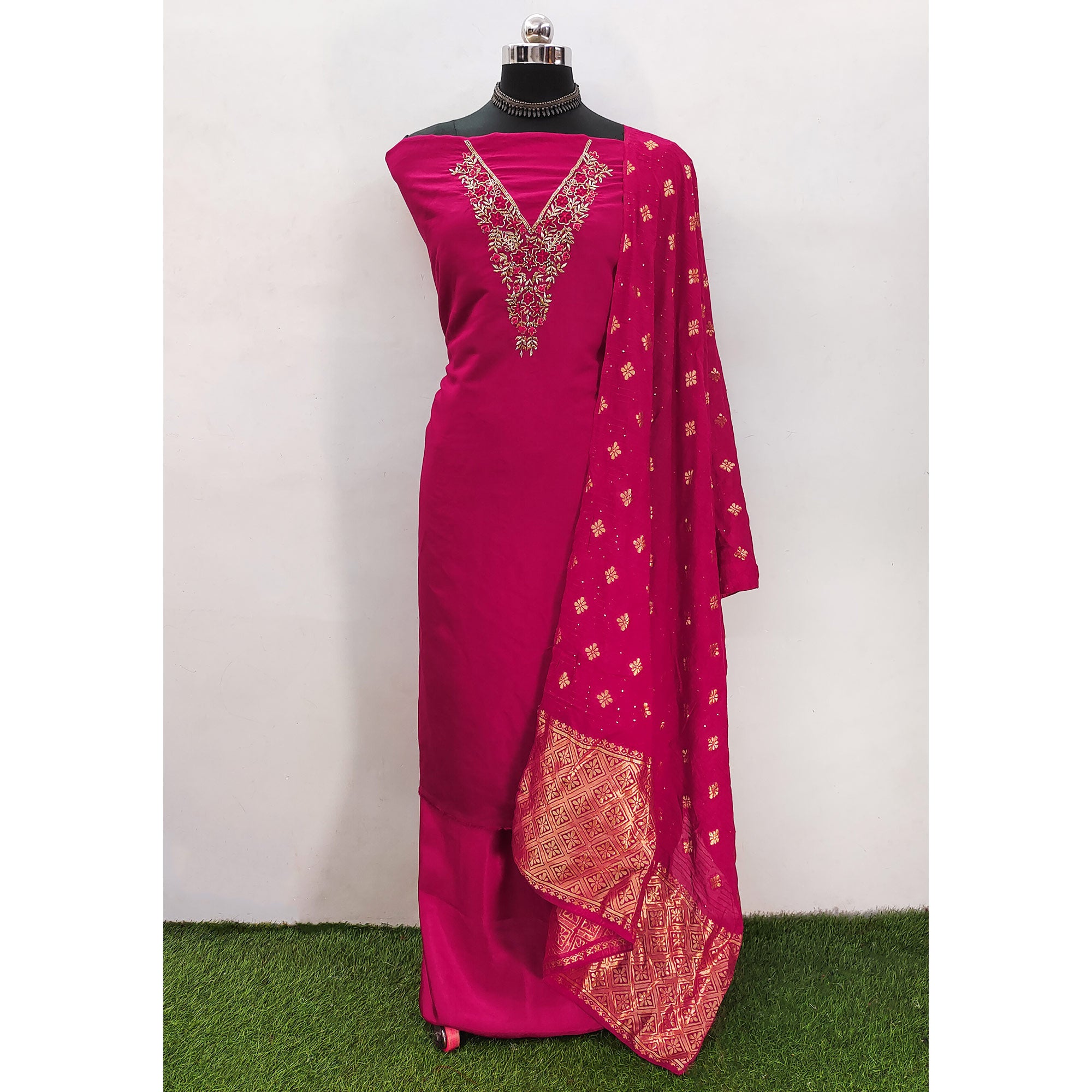 Pink Beads Embroidered Viscose Dress Material