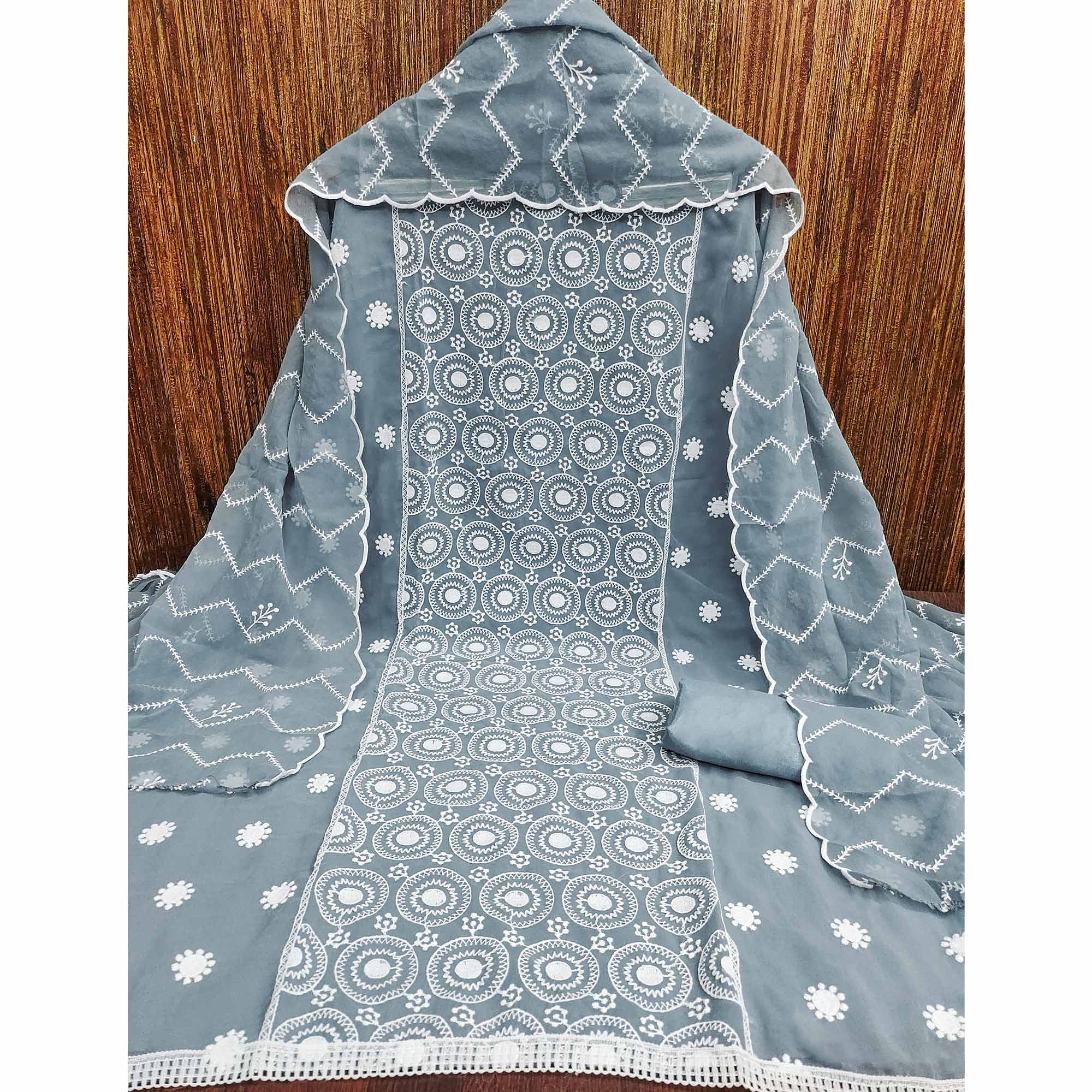 Grey Embroidered Georgette Dress Material