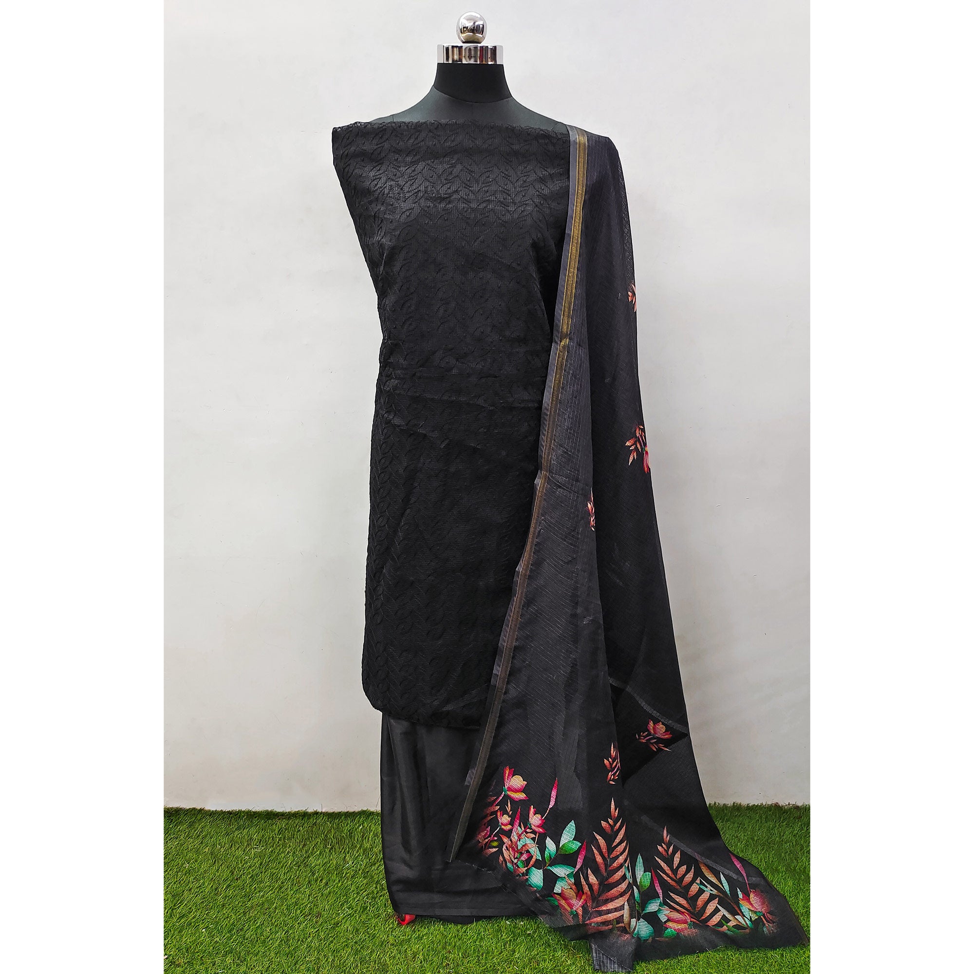 Black Embroidered Kota Doria Dress Material