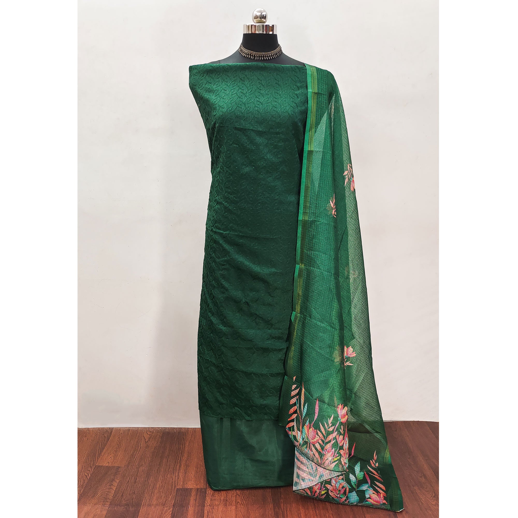 Green Embroidered Kota Doria Dress Material