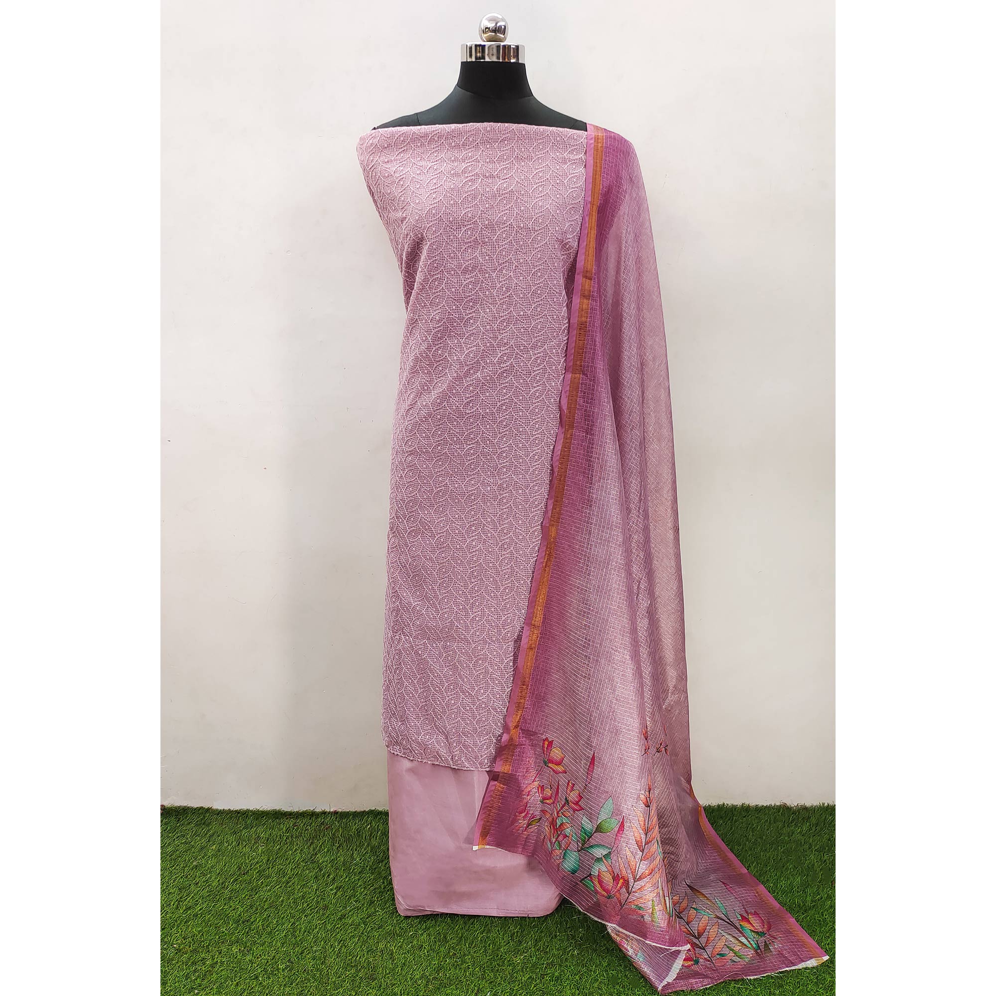 Light Pink Embroidered Kota Doria Dress Material