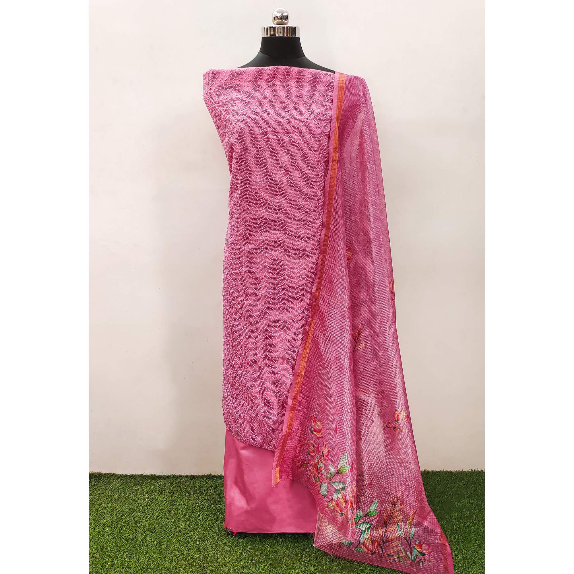 Pink Embroidered Kota Doria Dress Material