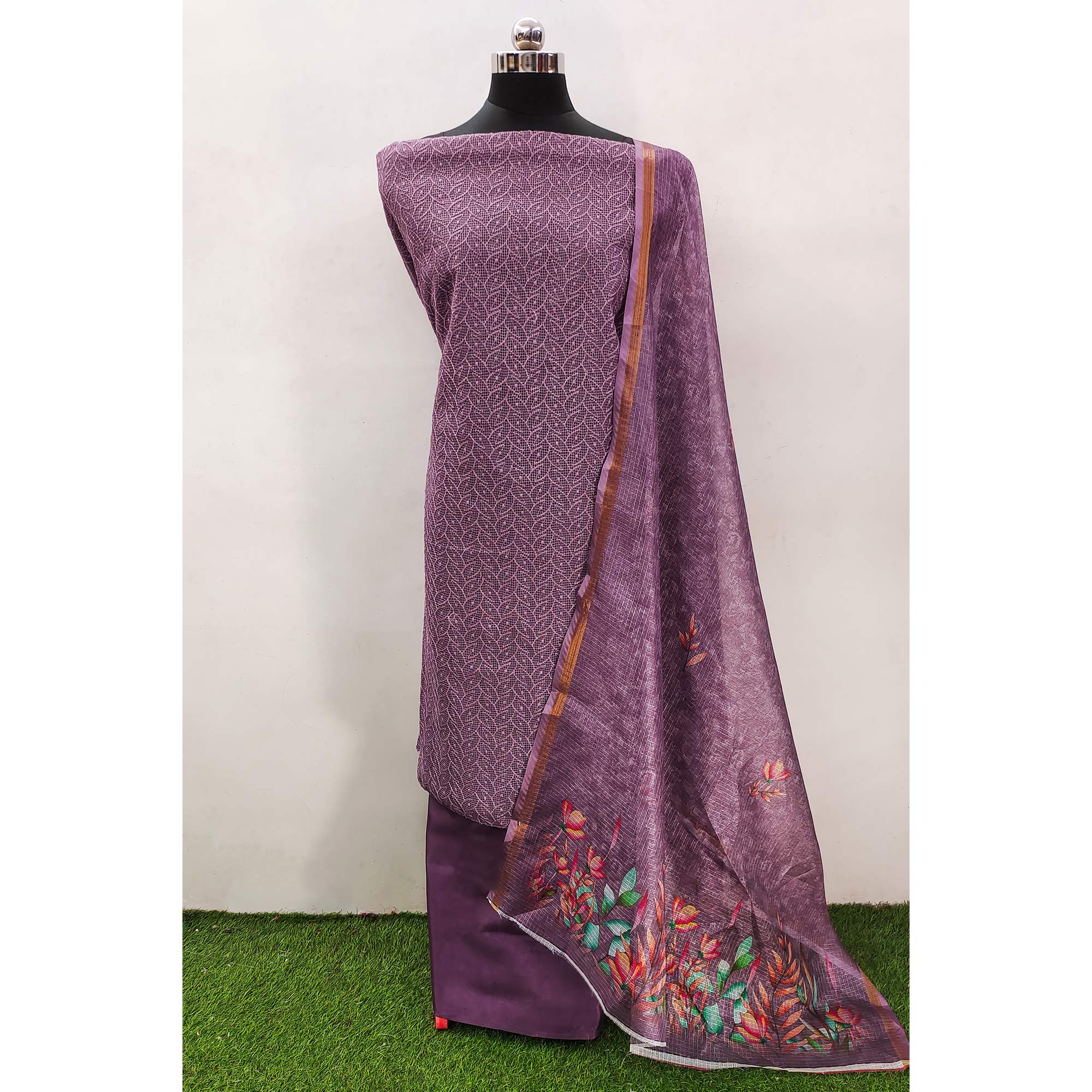 Purple Embroidered Kota Doria Dress Material