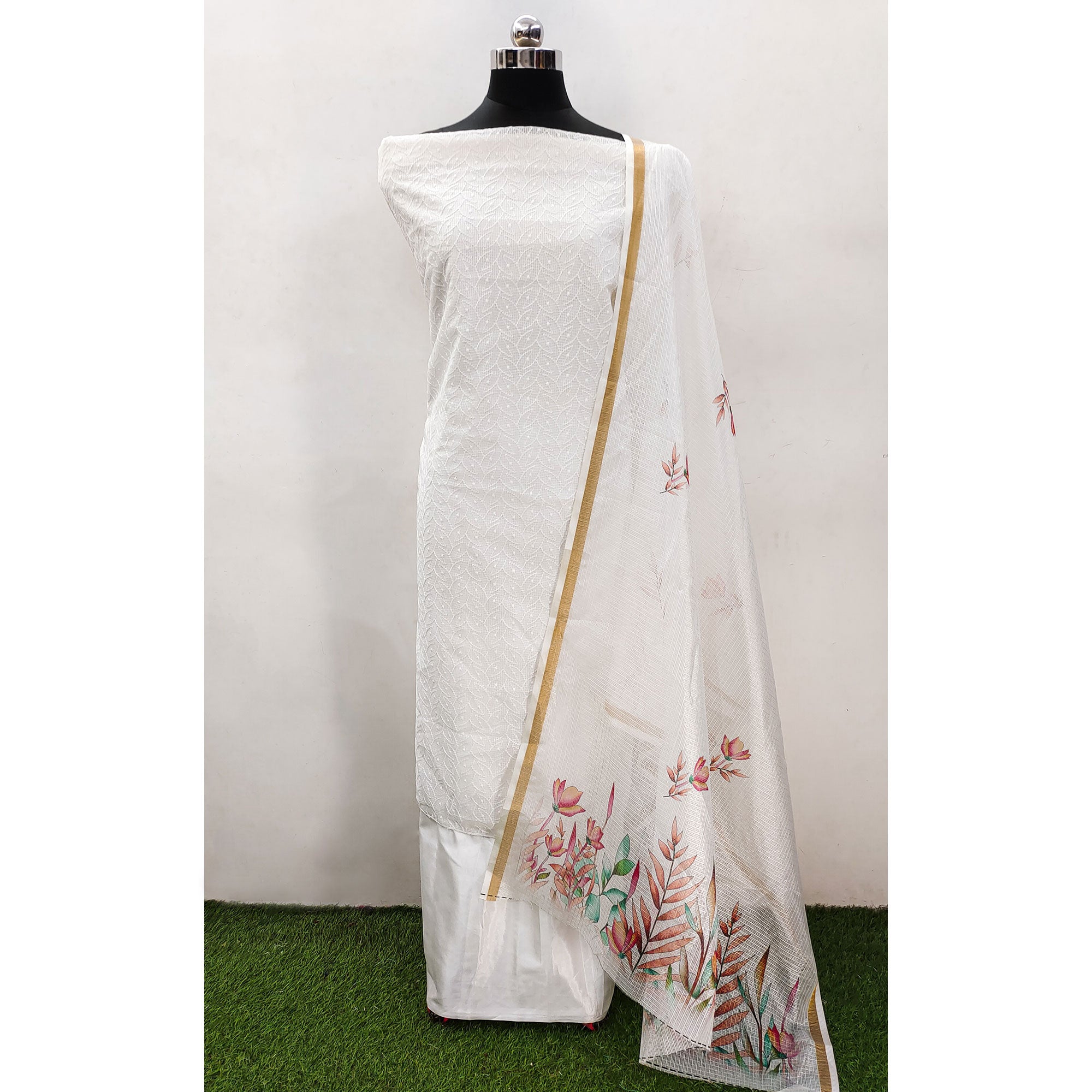 White Embroidered Kota Doria Dress Material