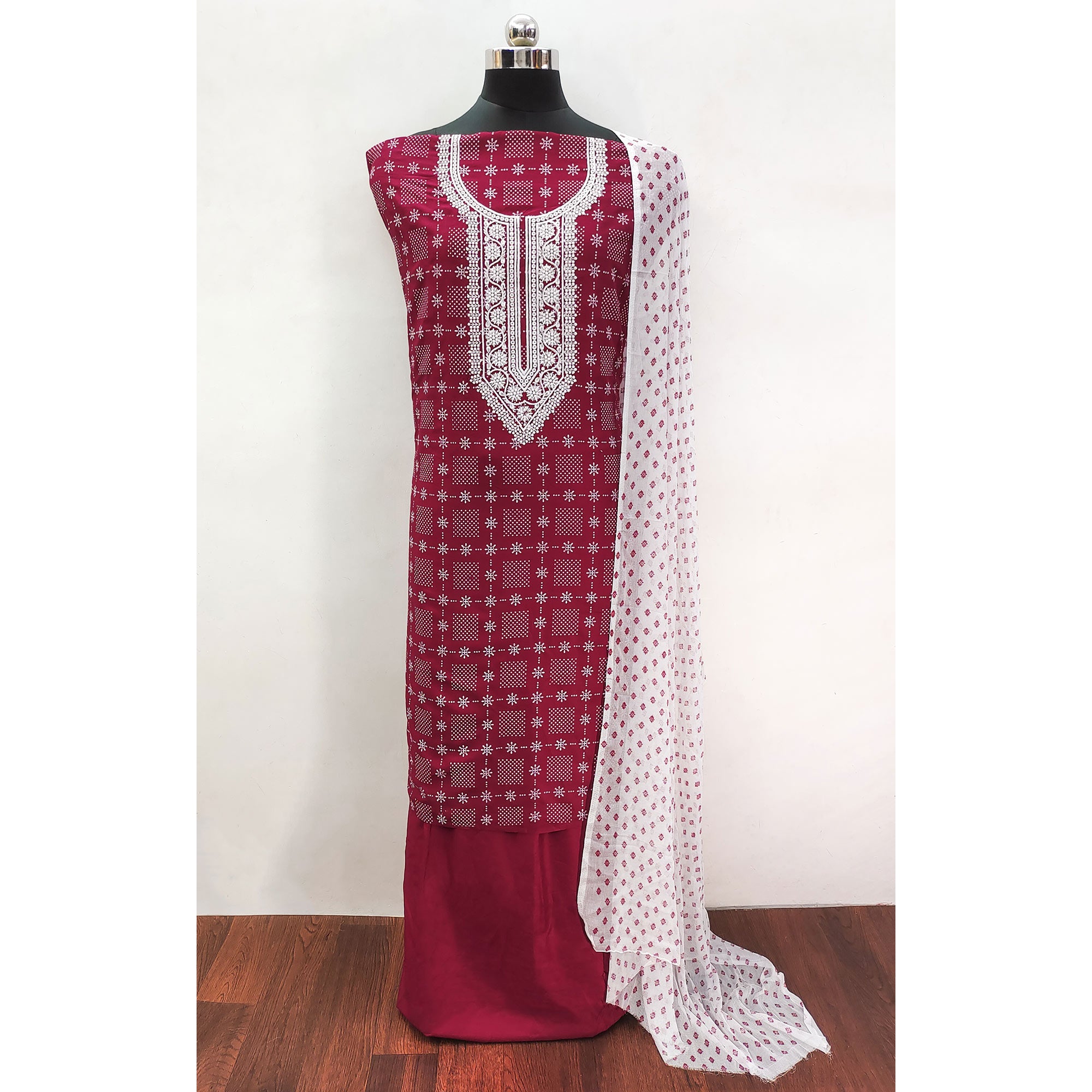 Maroon Printed Rayon Dress Material