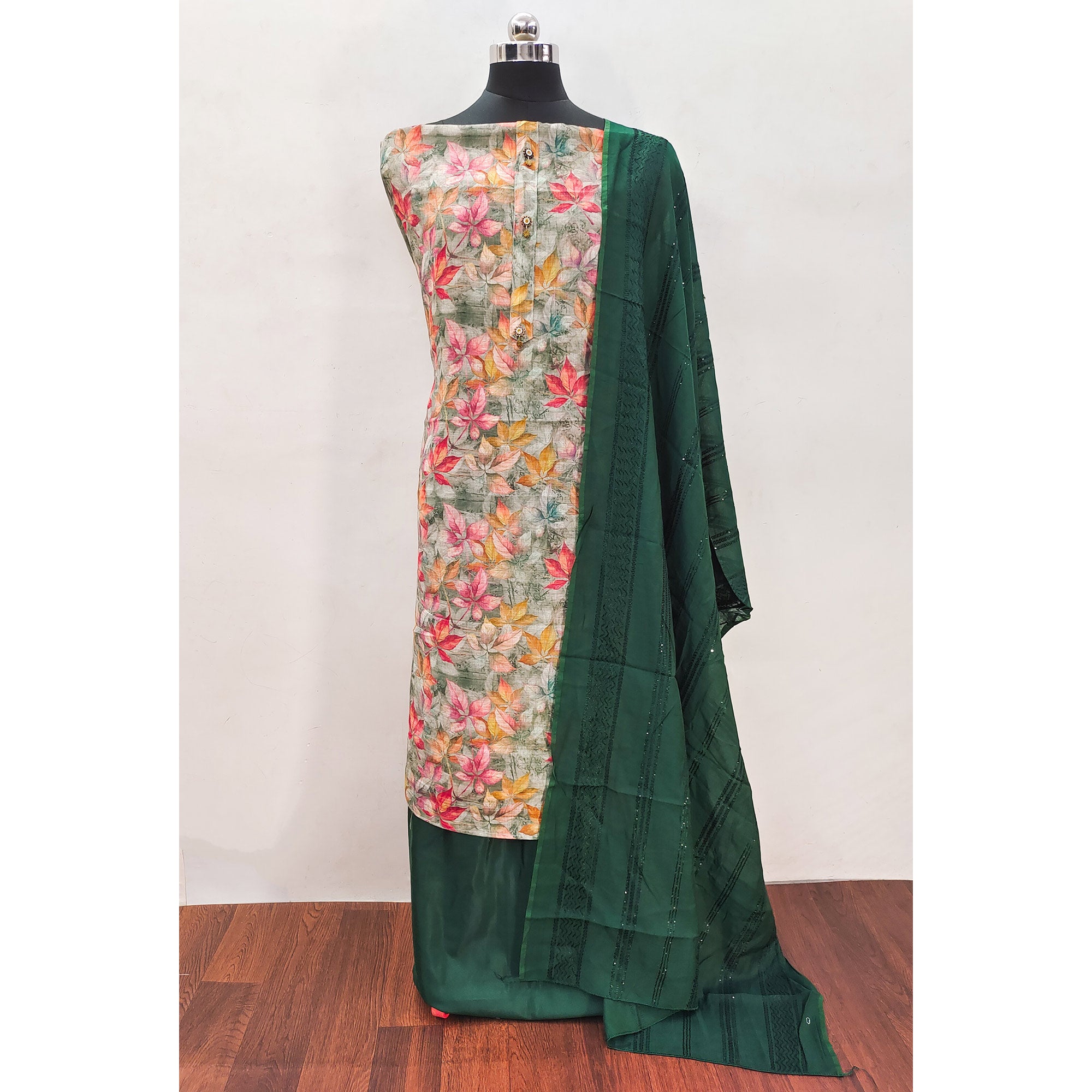 Green Floral Printed Linen Dress Material