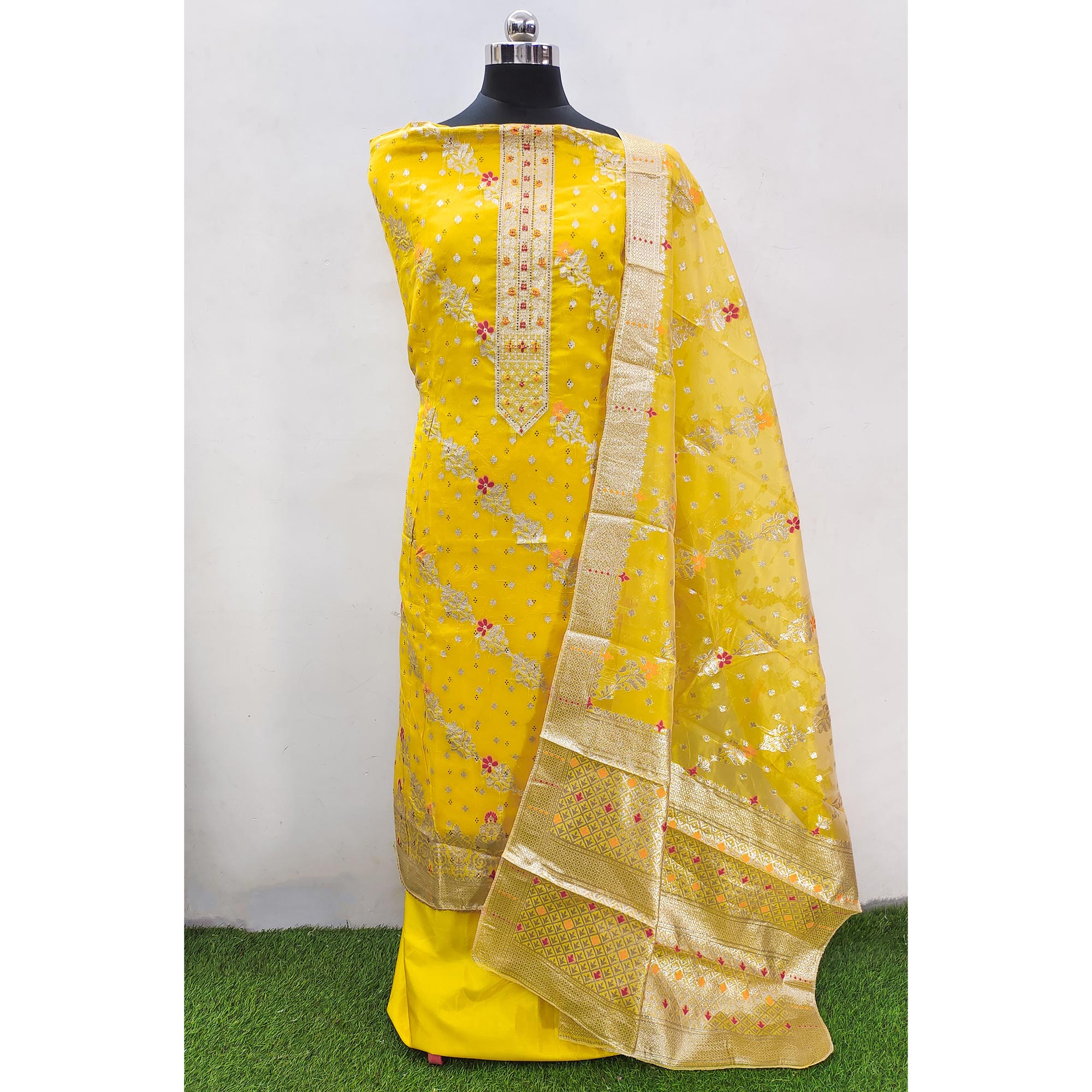 Yellow Zari Woven Banarasi Silk Dress Material