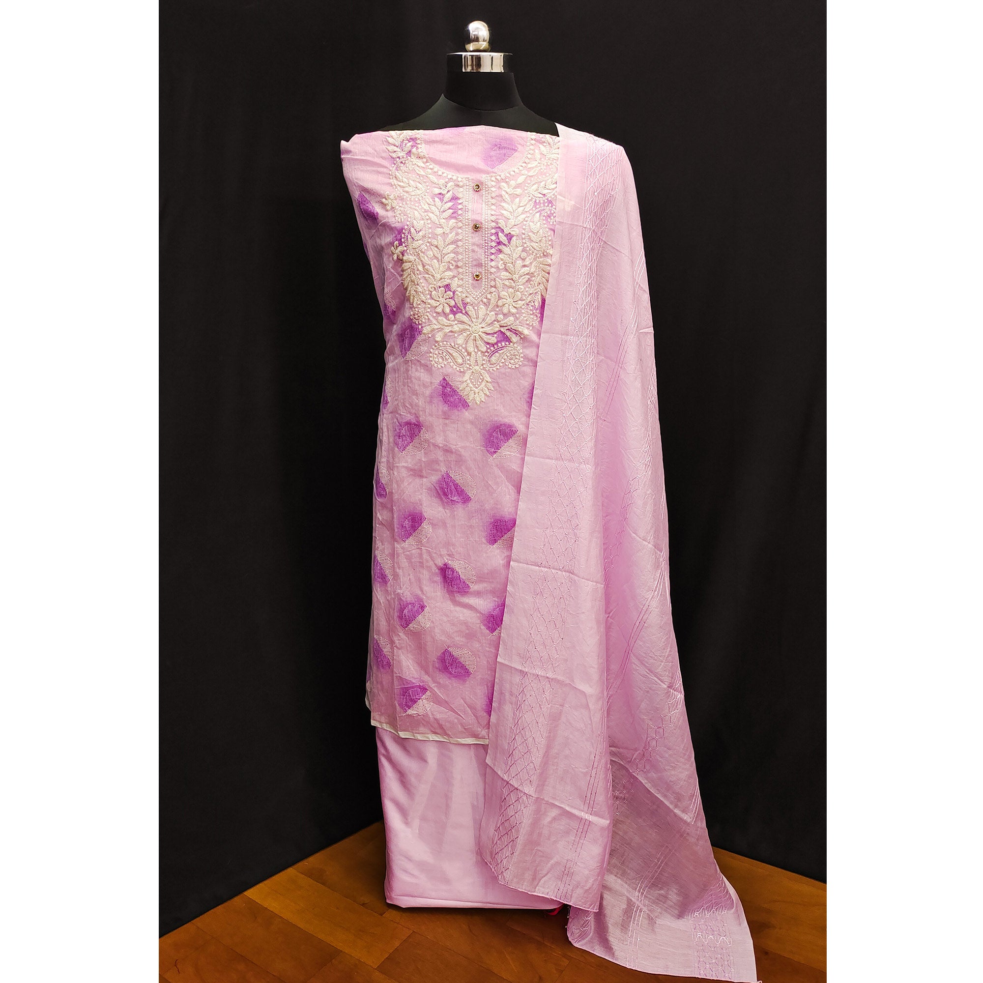 Pink Embroidered Chanderi Dress Material