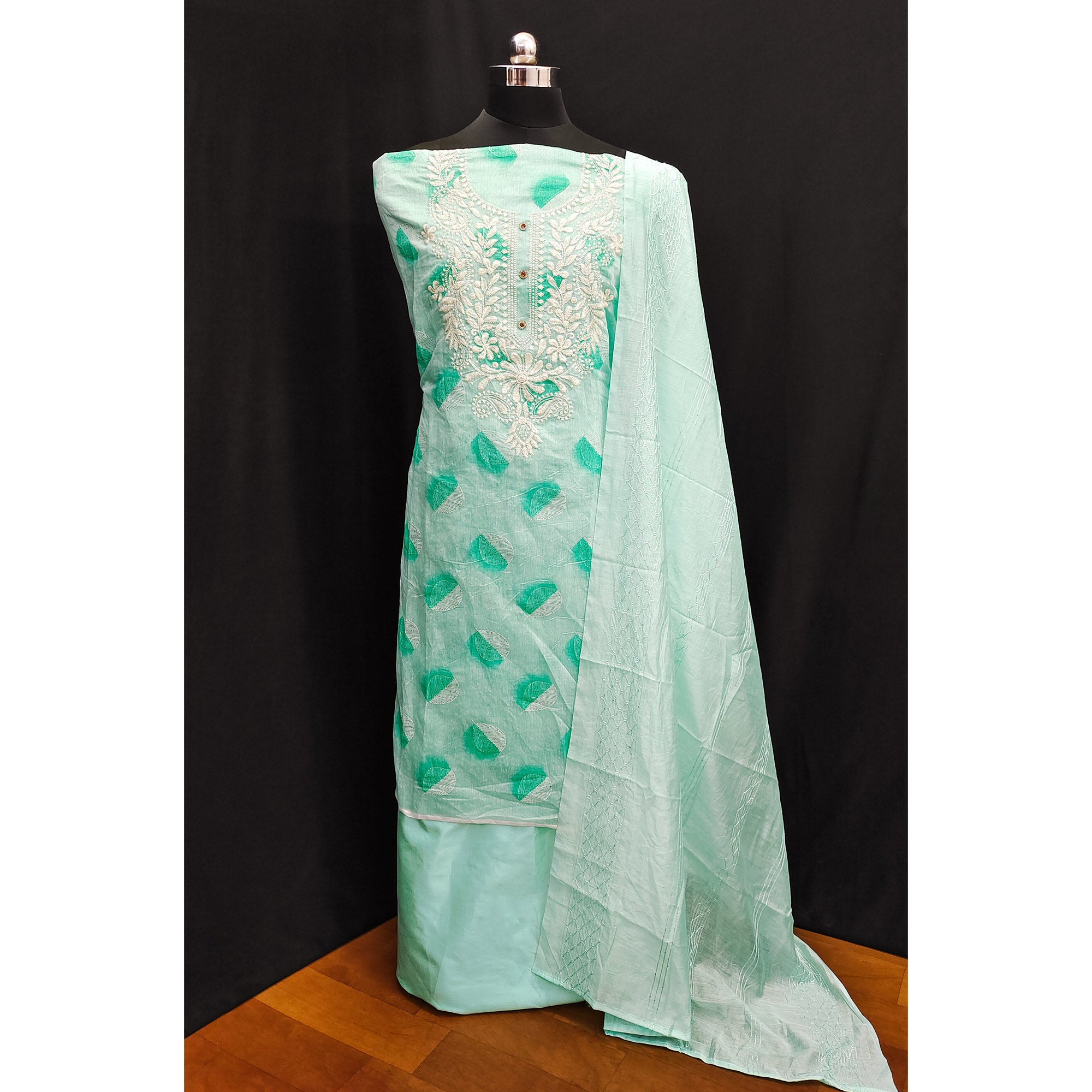 Turquoise Embroidered Chanderi Dress Material