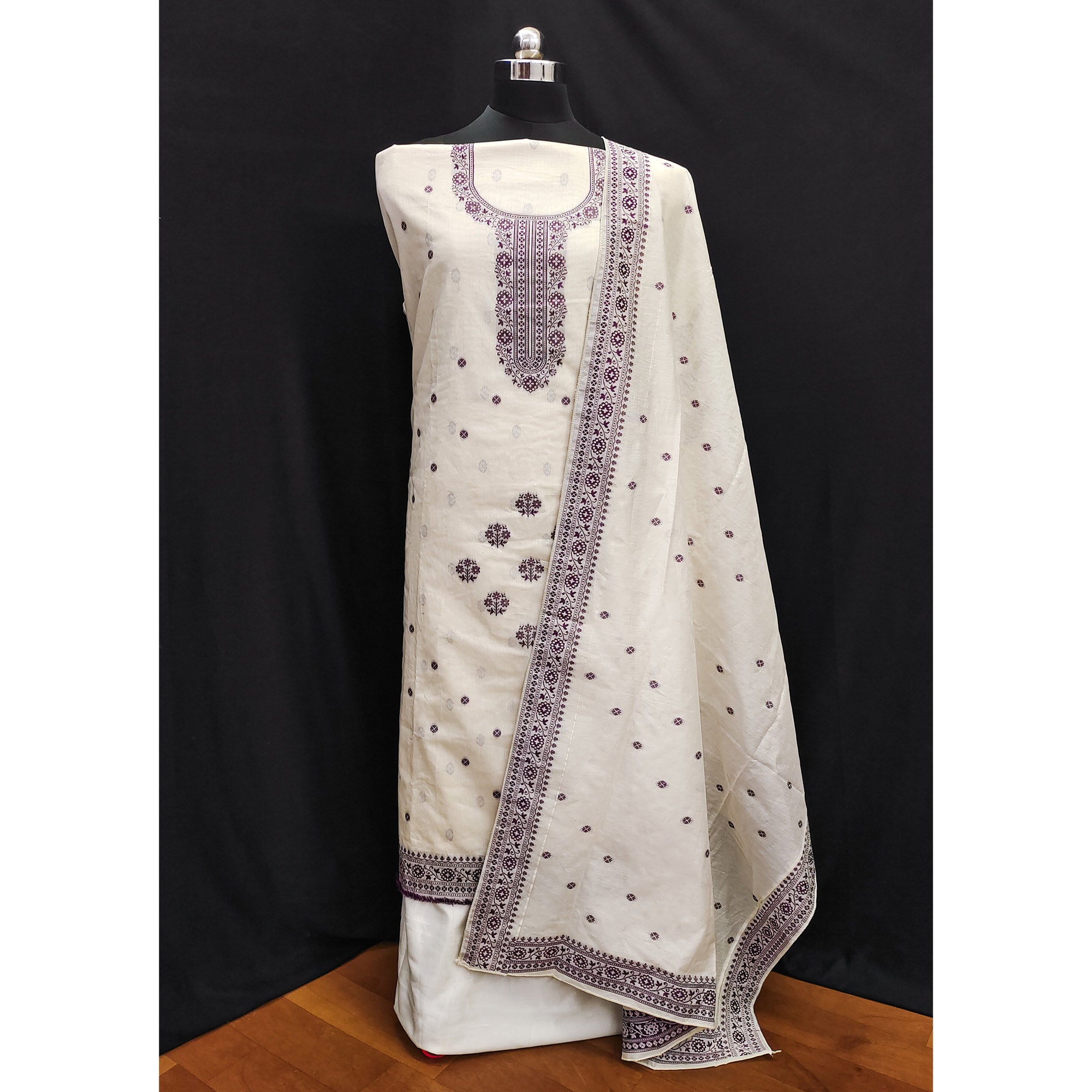 Off White & Wine Woven Pure Cotton Dress Material