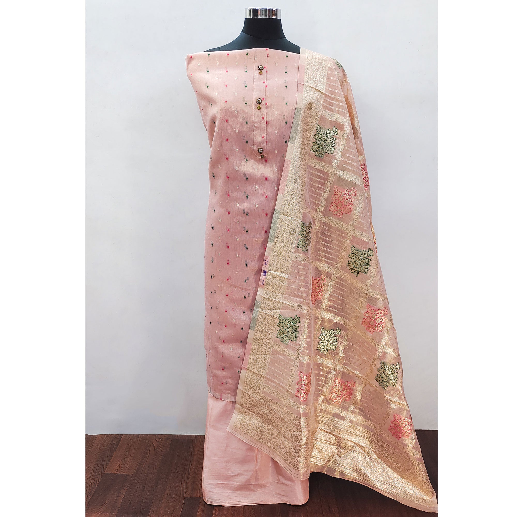 Peach Zari Weaving Banarasi Silk Dress Material