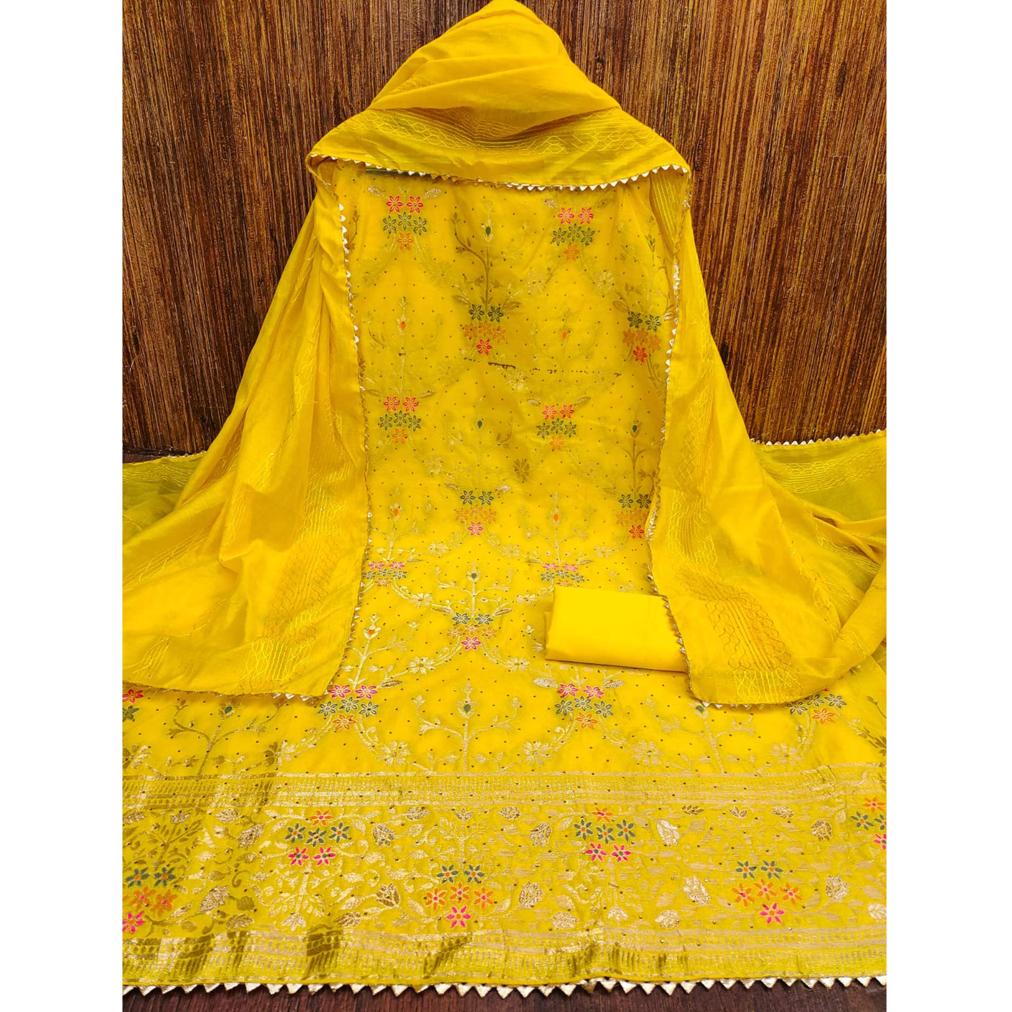 Dark Yellow Floral Zari Weaving Banarasi Silk Dress Material