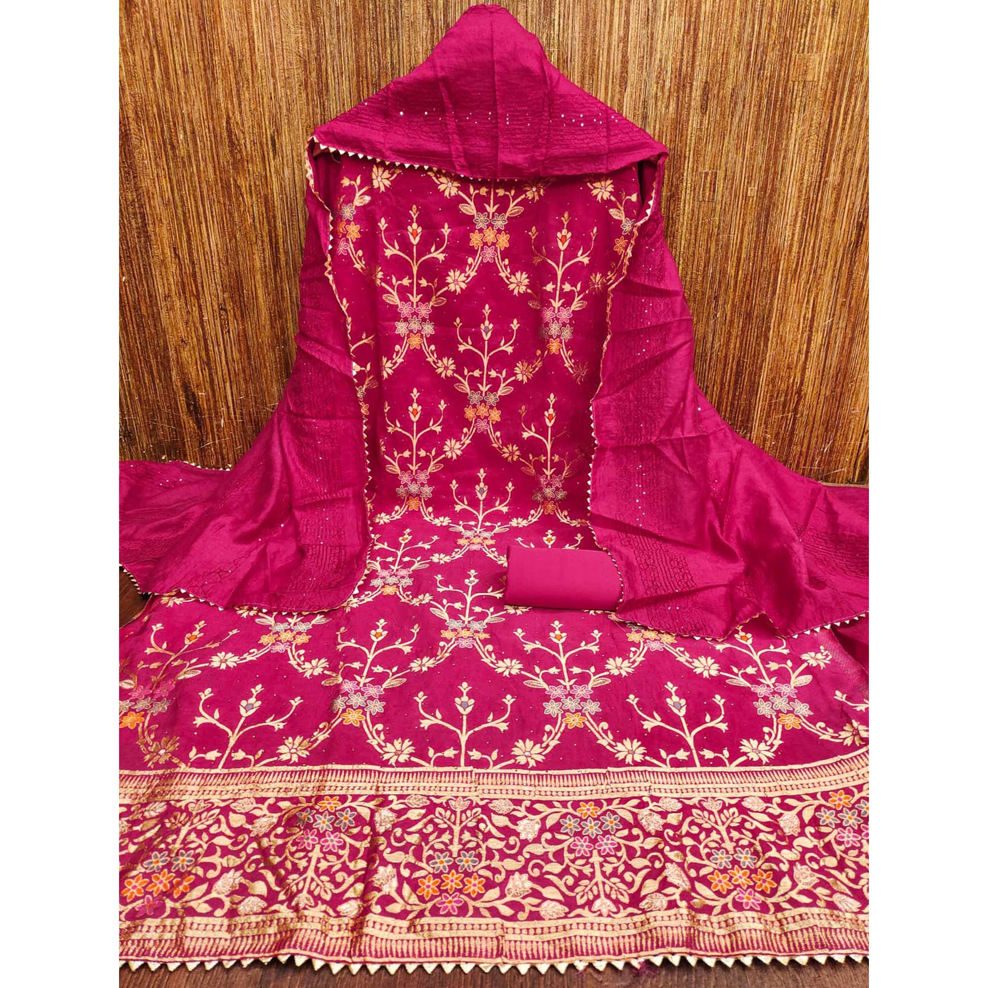 Hot Pink Floral Zari Weaving Banarasi Silk Dress Material