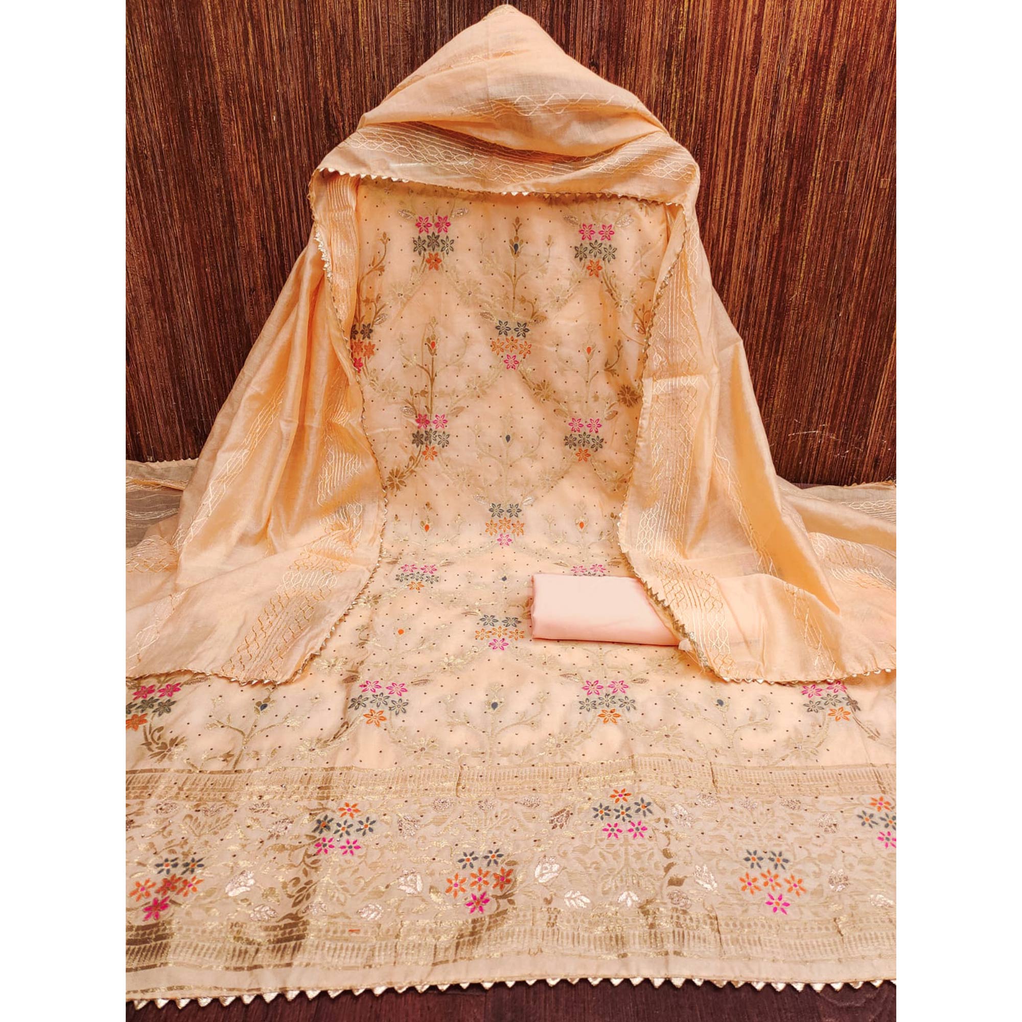 Light Orange Floral Zari Weaving Banarasi Silk Dress Material