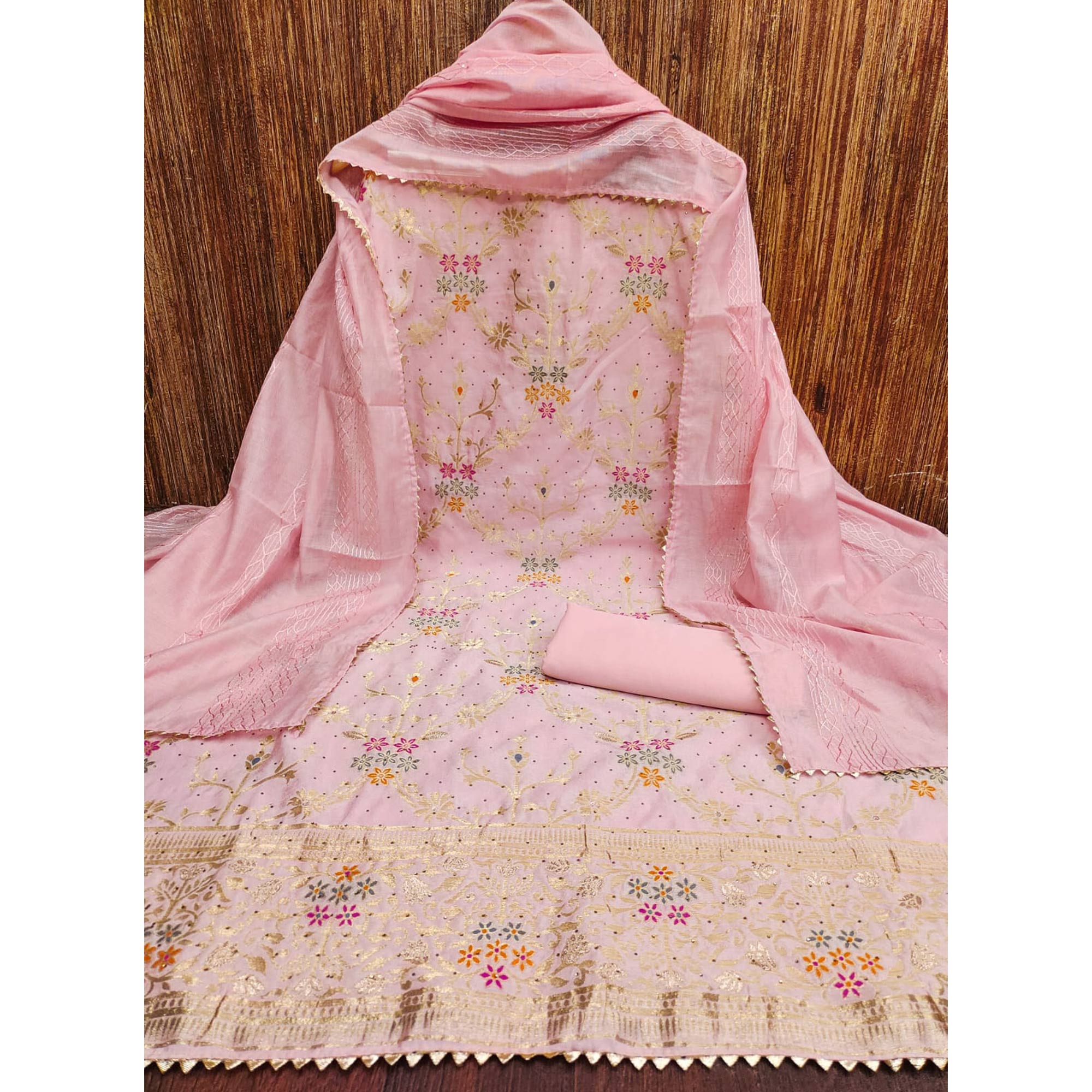 Pink Floral Zari Weaving Banarasi Silk Dress Material