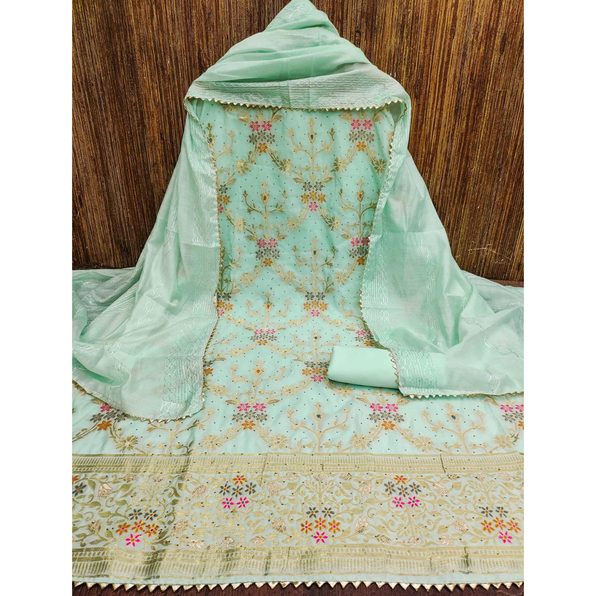 Sea Green Floral Zari Weaving Banarasi Silk Dress Material