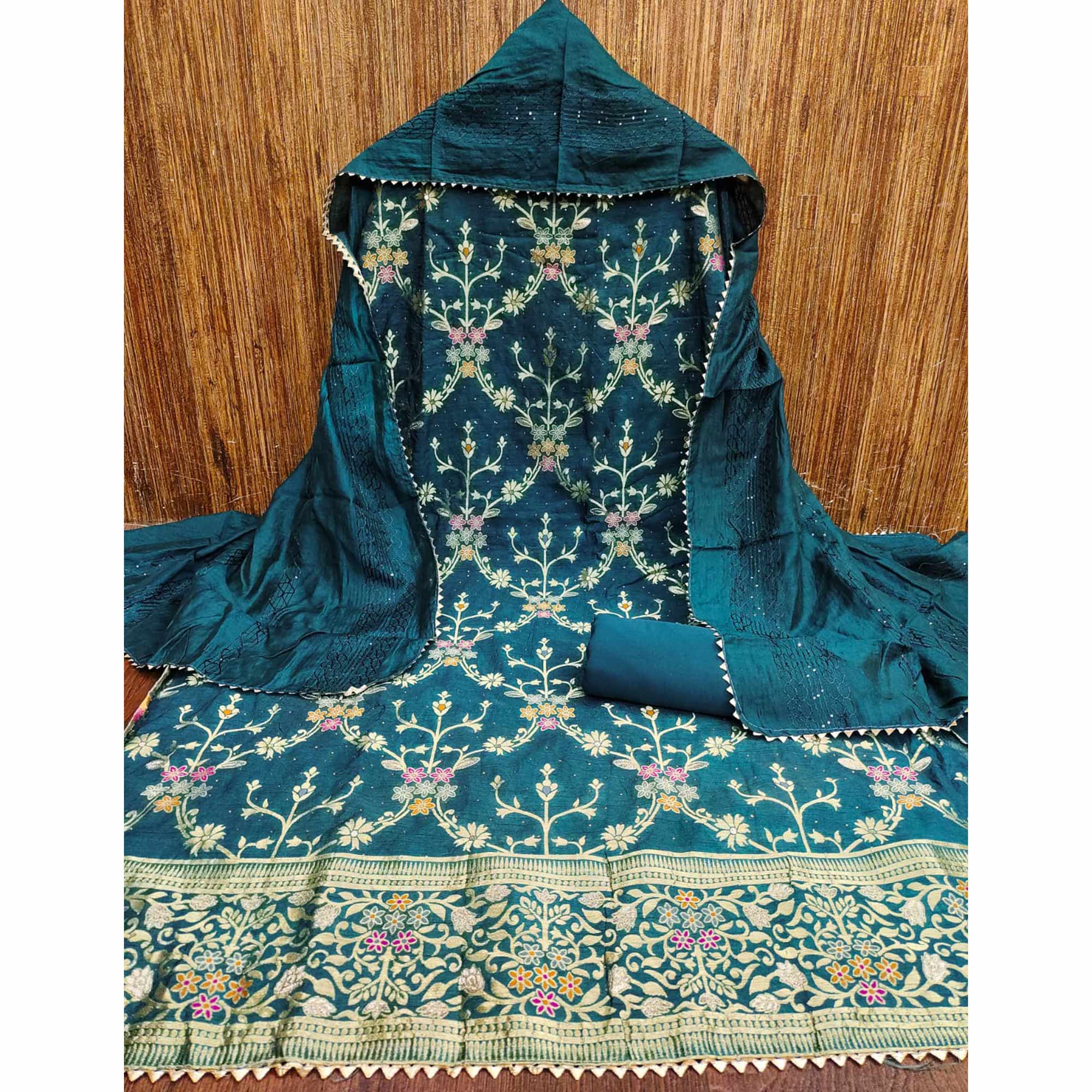 Teal Floral Zari Weaving Banarasi Silk Dress Material