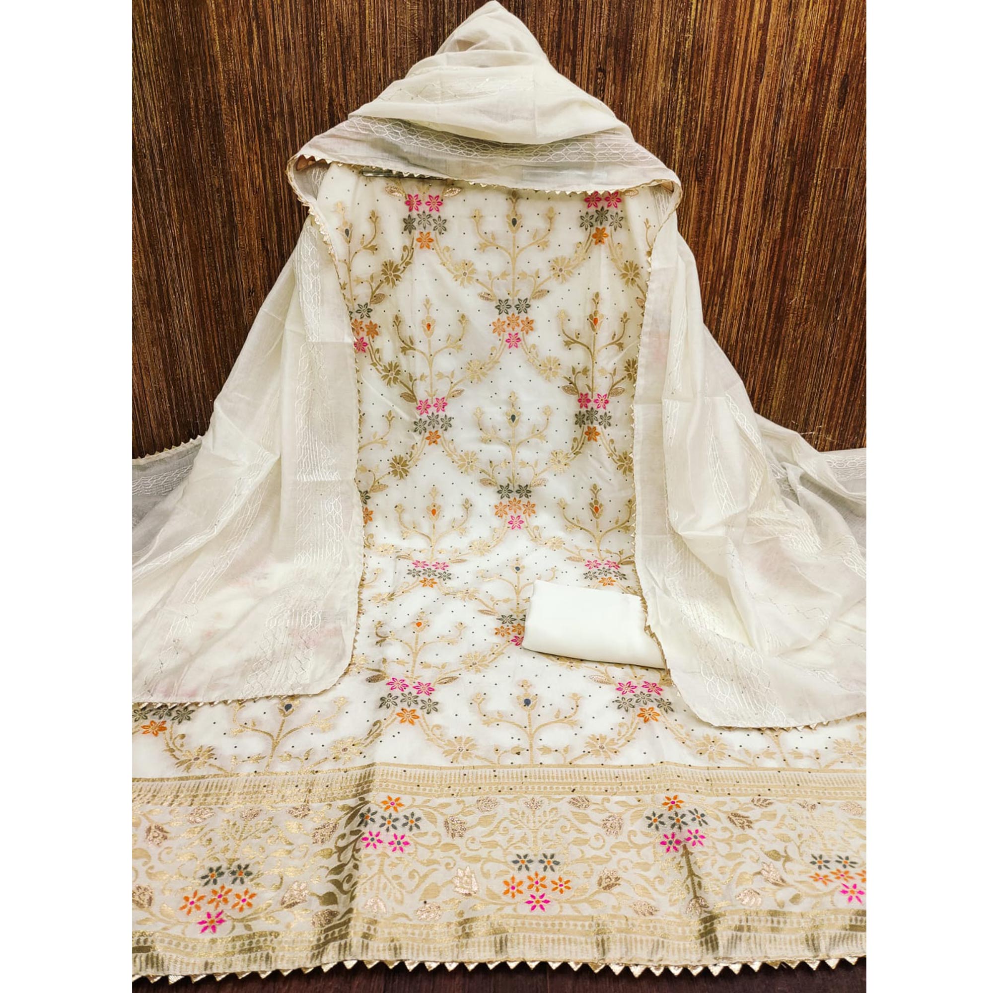 White Floral Zari Weaving Banarasi Silk Dress Material