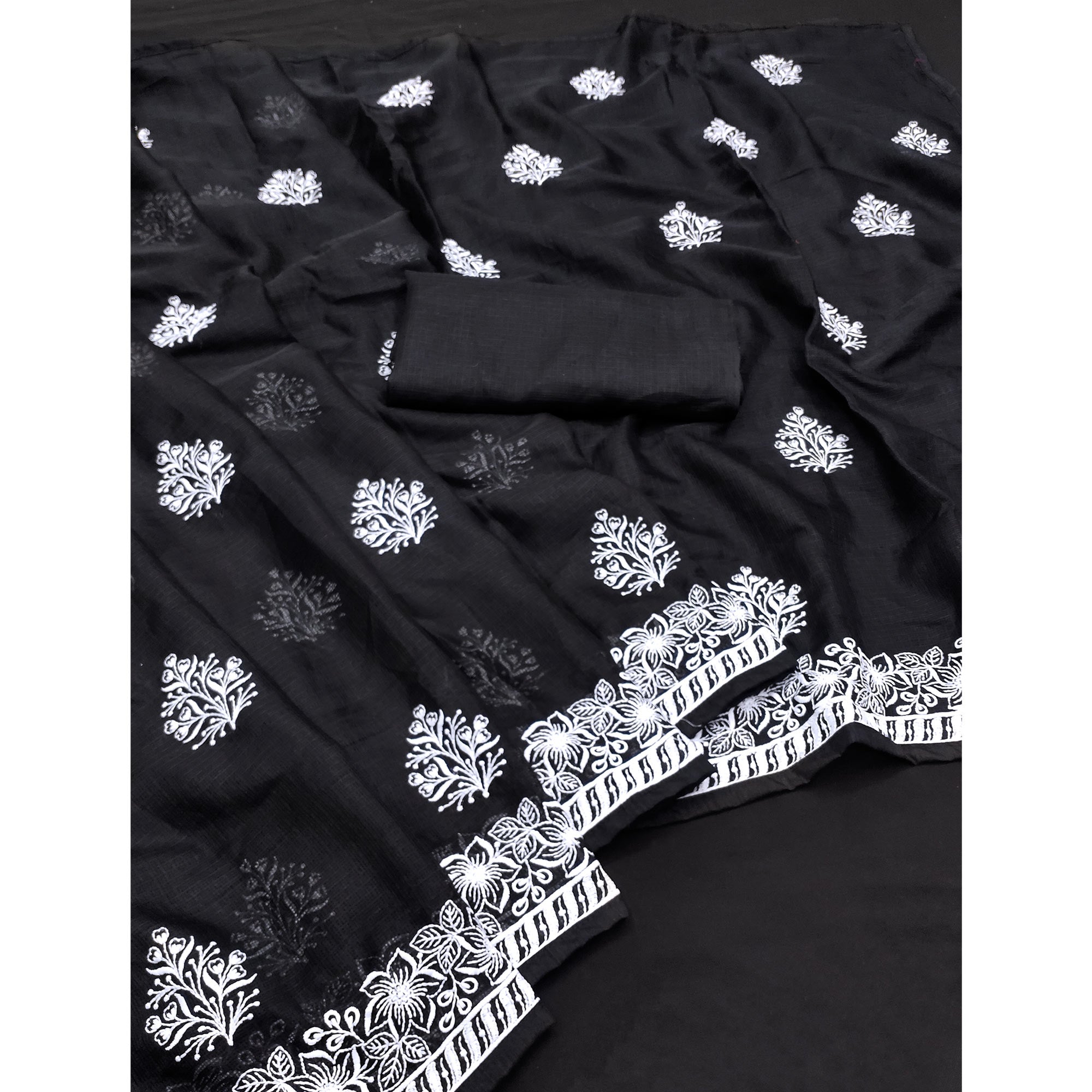 Black Floral Embroidered Kota Doria Saree