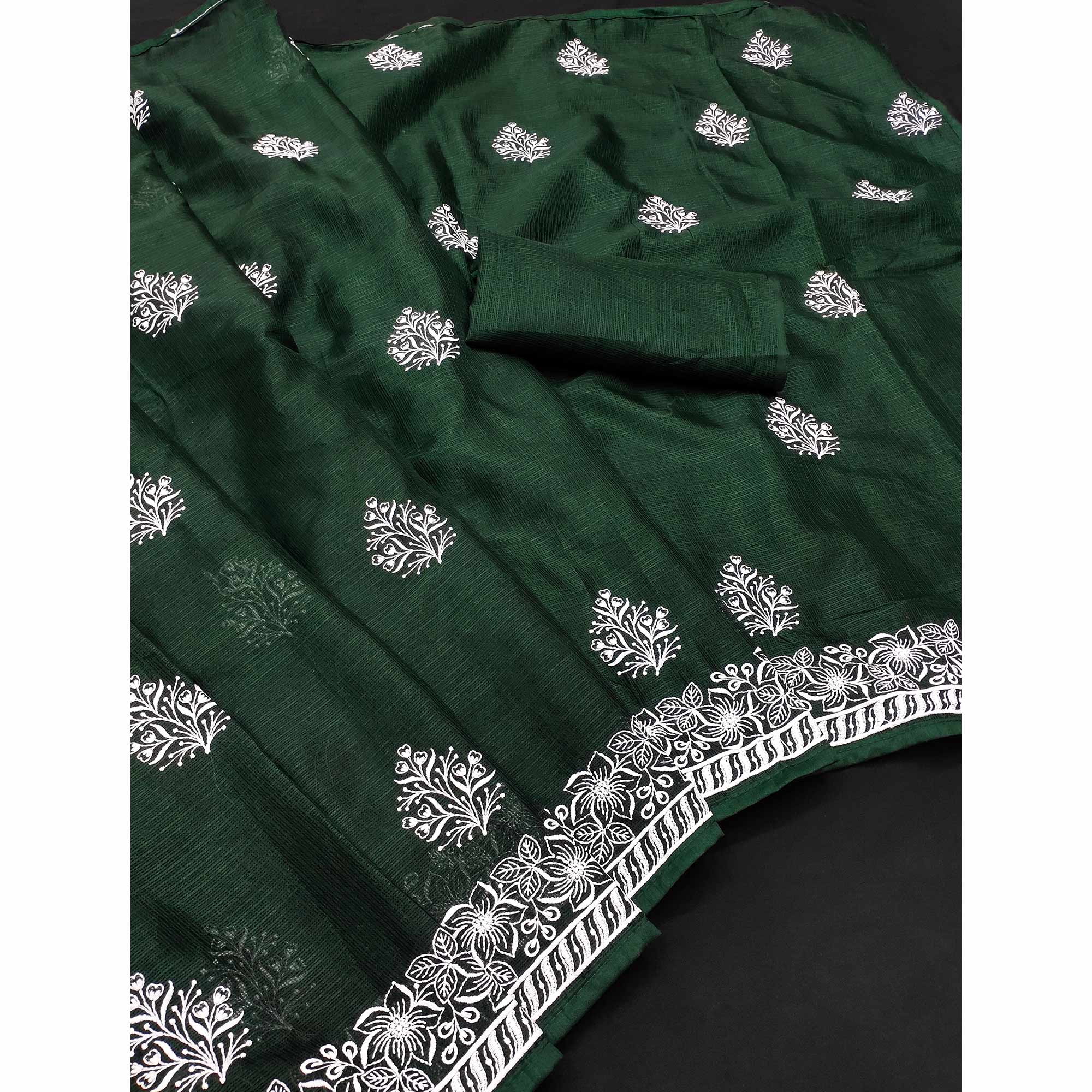 Elegant Dark Green Kota Doria Saree with Intricate Floral Embroidery Detailing