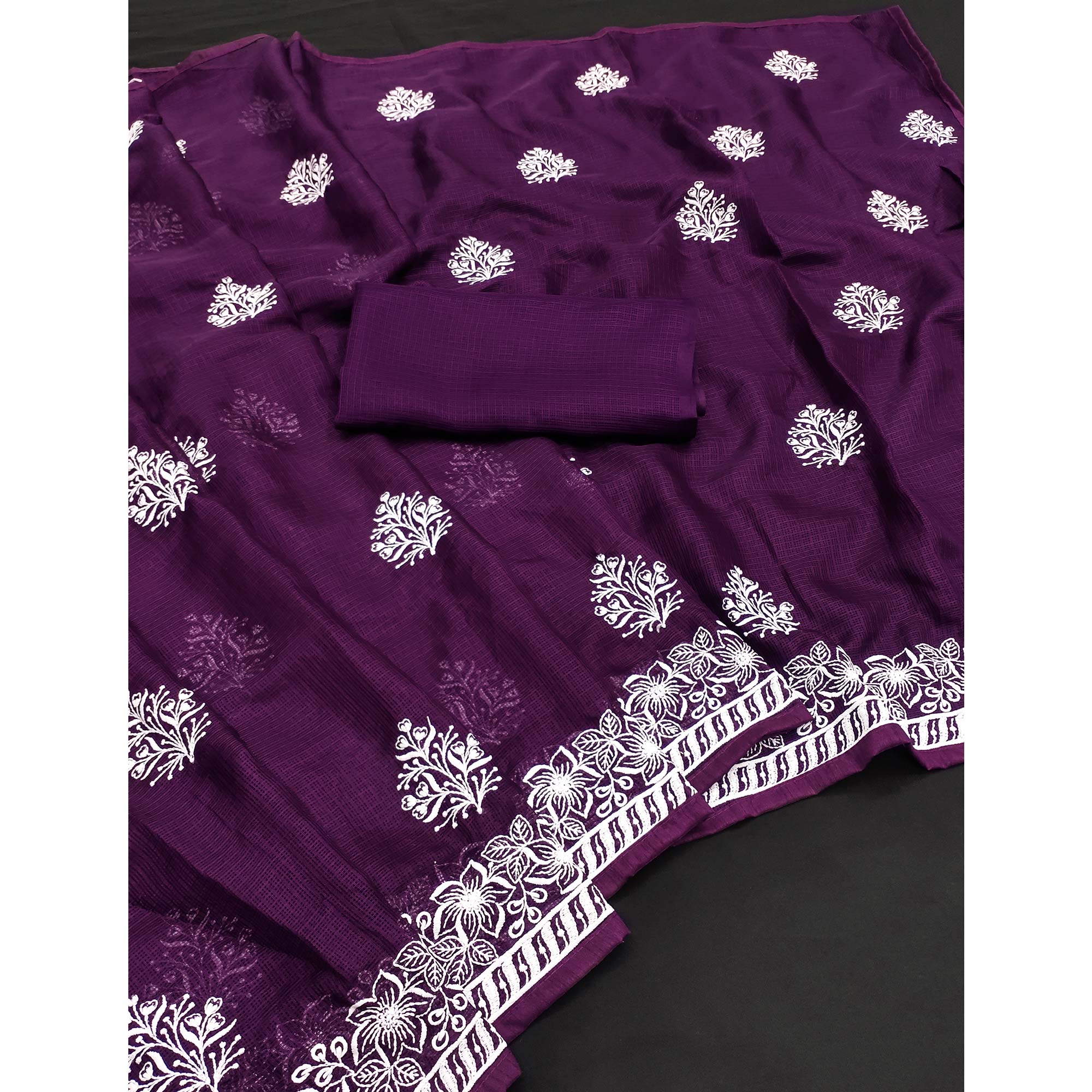 Dark Purple Floral Embroidered Kota Doria Saree