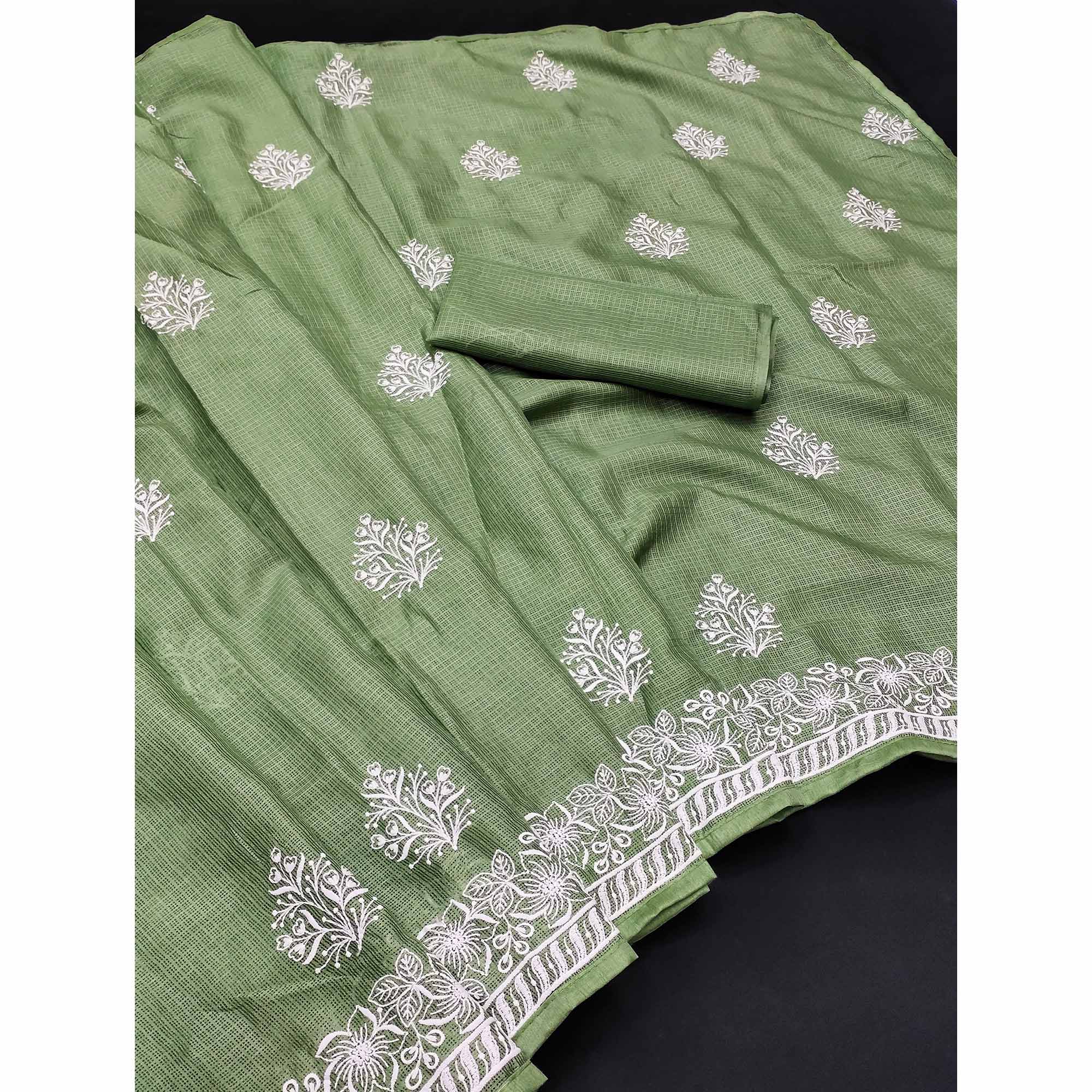 Elegant Ligth Green Kota Doria Saree with Intricate Floral Embroidery Detailing