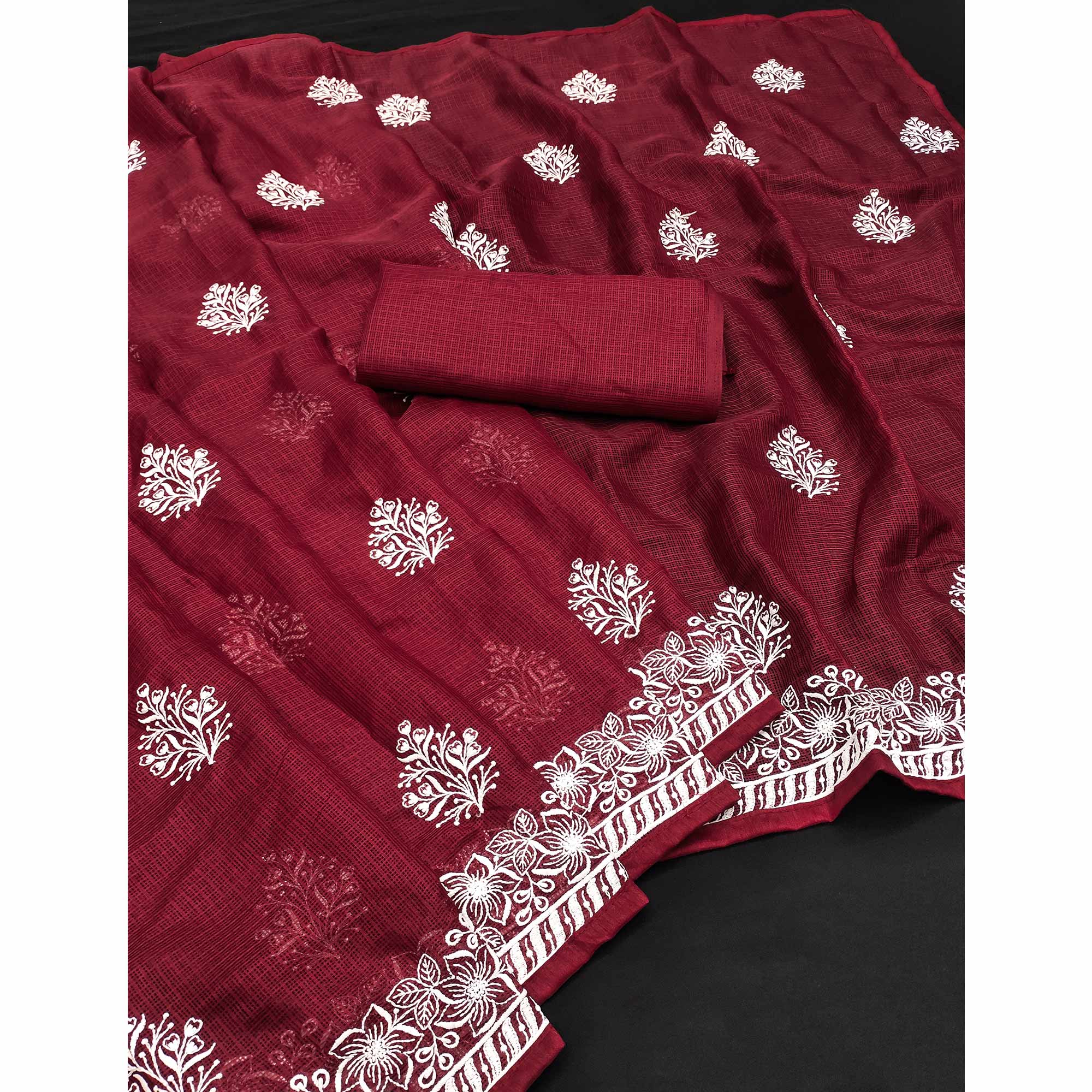 Maroon Floral Embroidered Kota Doria Saree