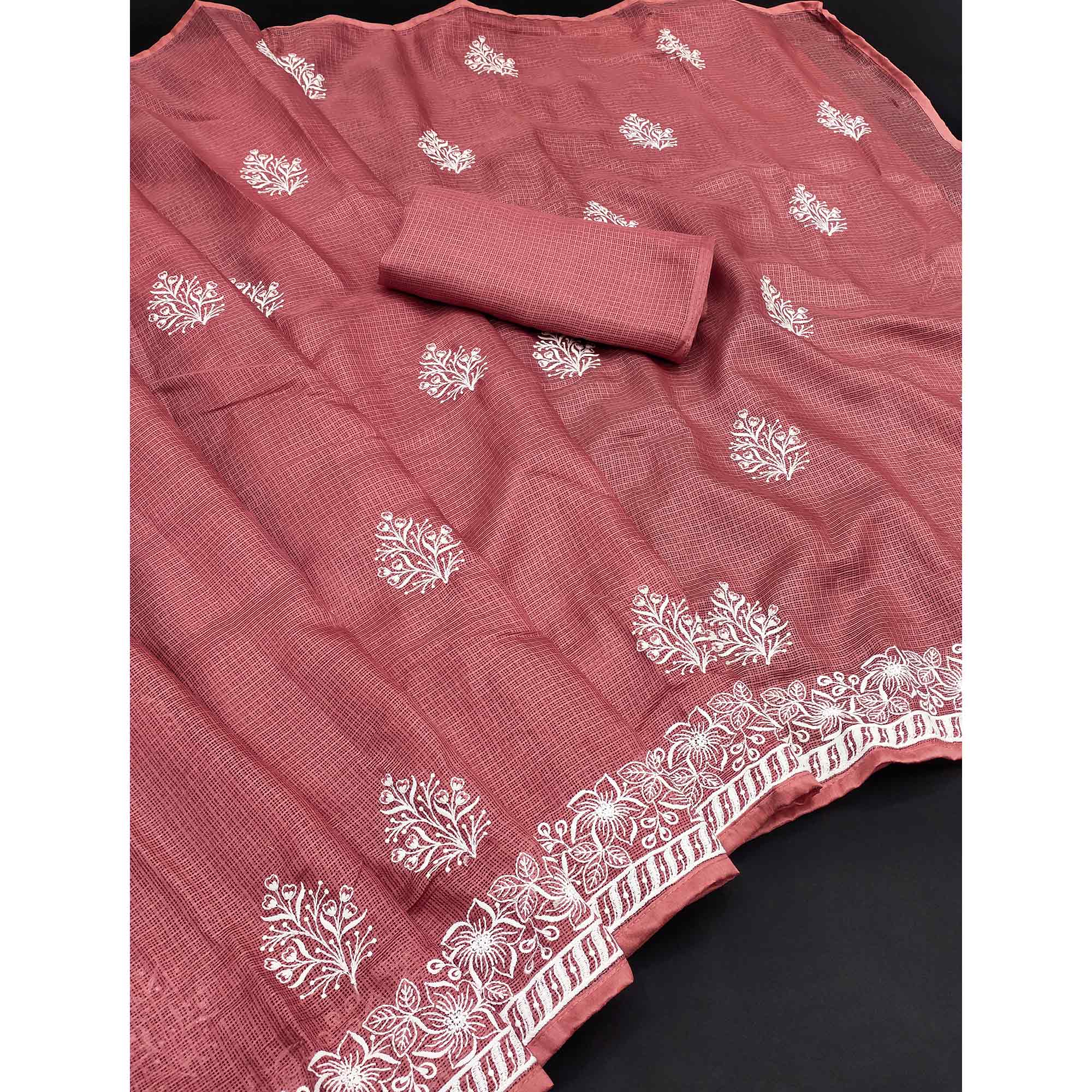 Elegant Peach Kota Doria Saree with Intricate Floral Embroidery Detailing