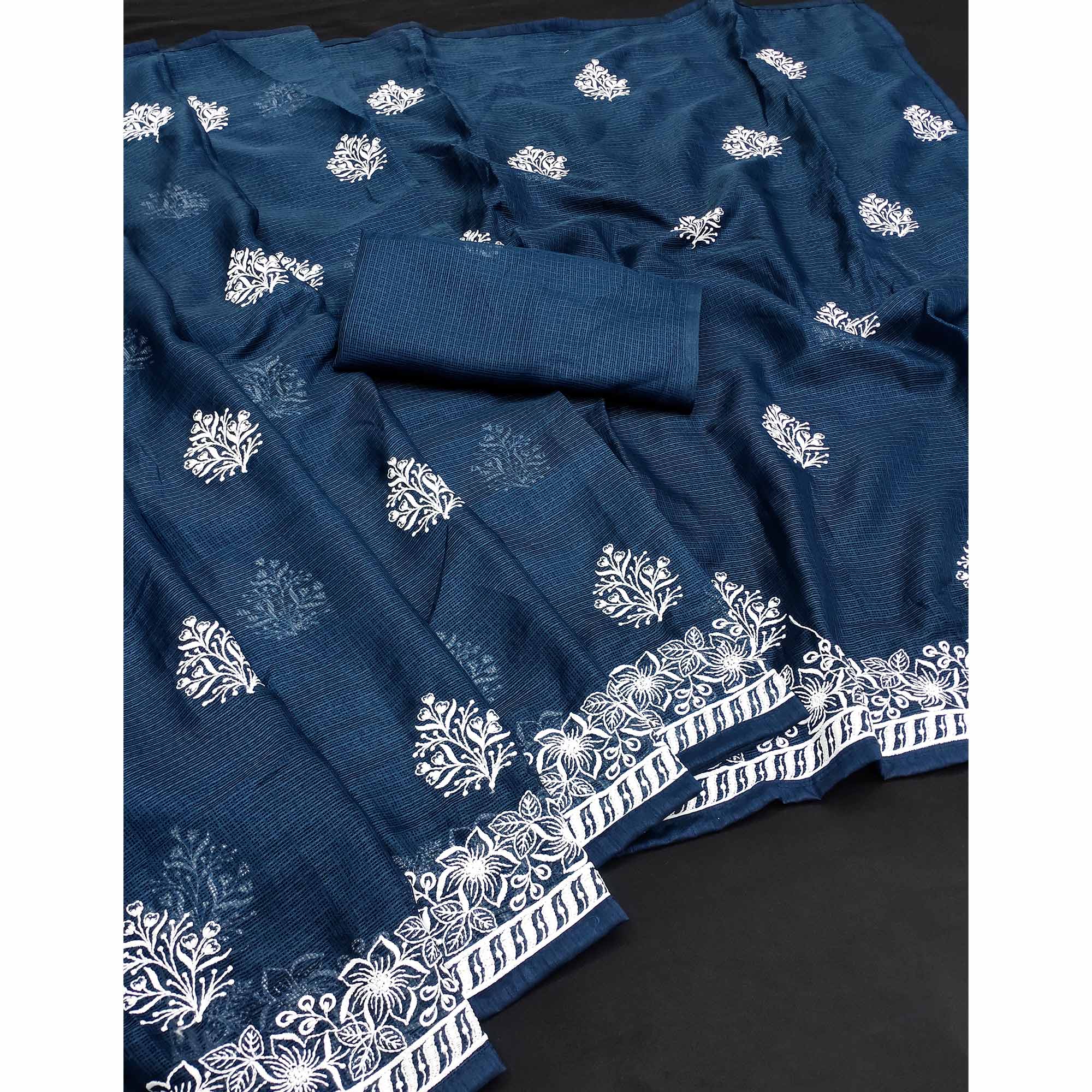 Teal Floral Embroidered Kota Doria Saree