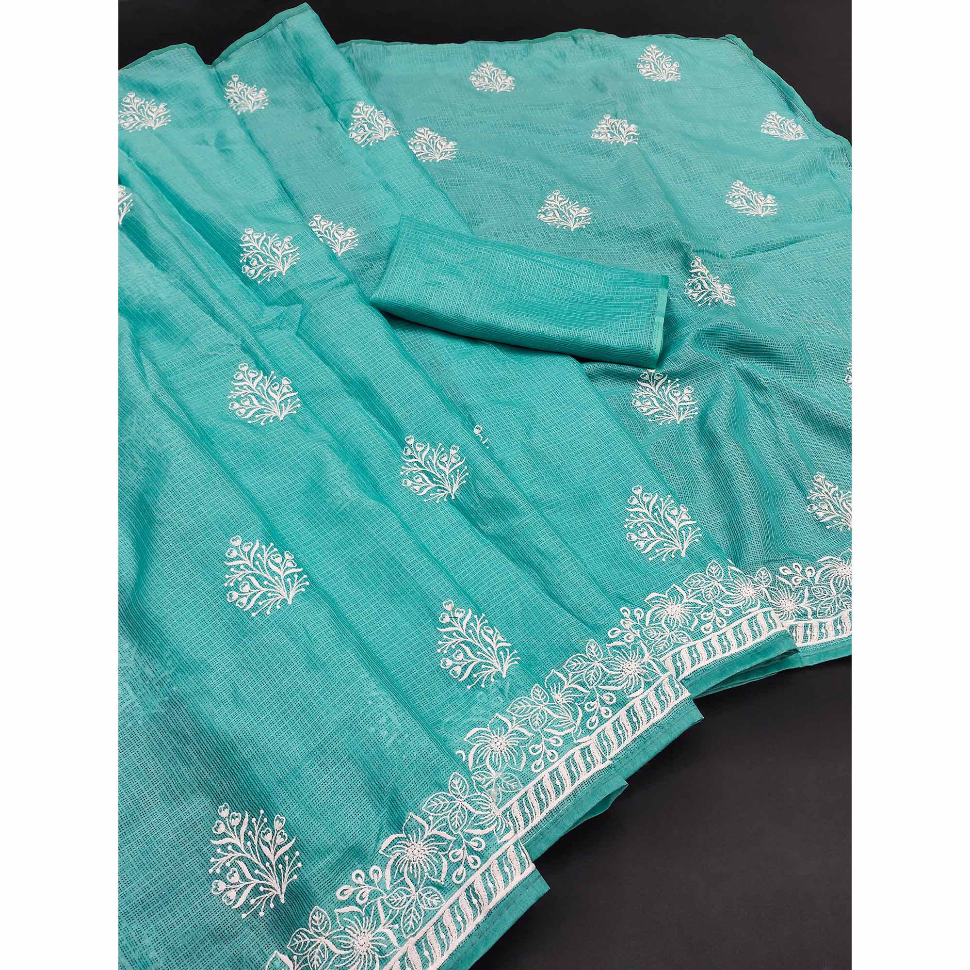 Elegant Turquoise Kota Doria Saree with Intricate Floral Embroidery Detailing