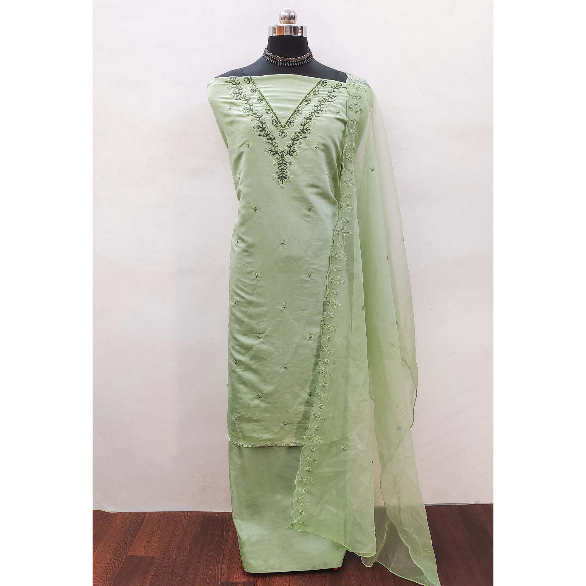 Green Sequins Embroidered Viscose Dress Material