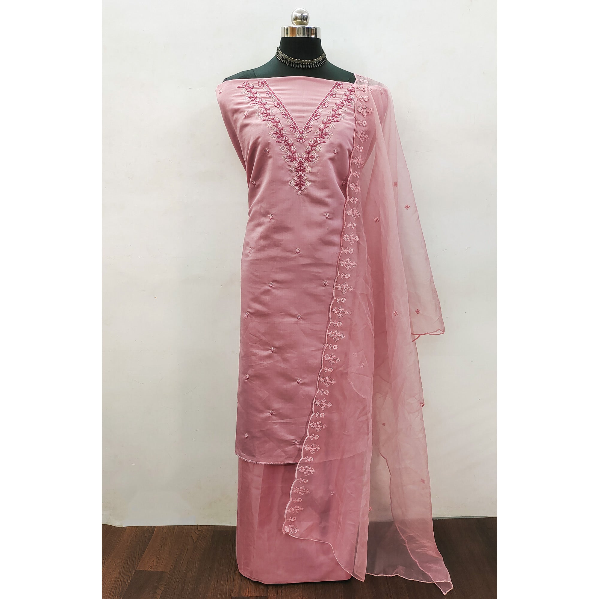 Peach Sequins Embroidered Viscose Dress Material