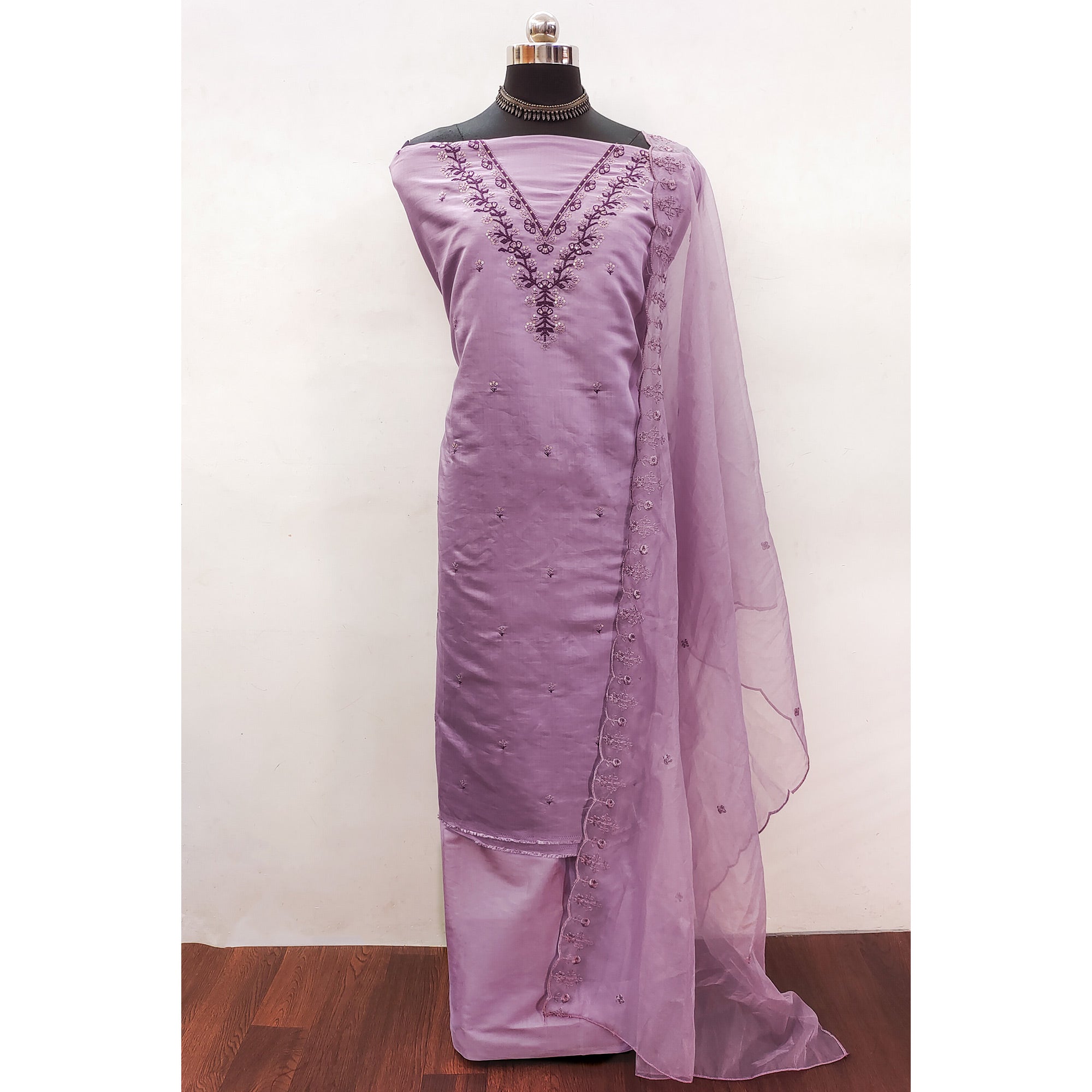 Purple Sequins Embroidered Viscose Dress Material