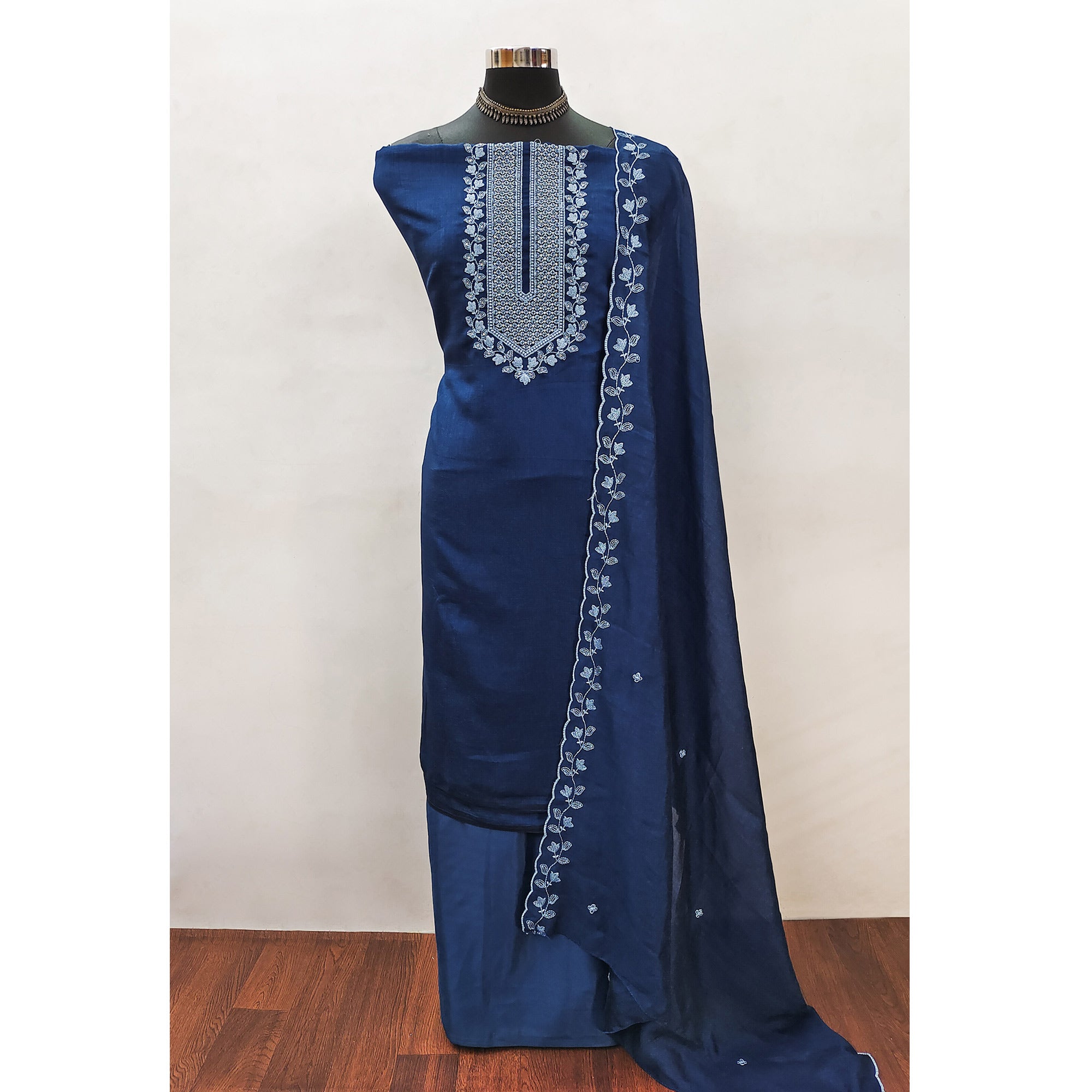 Blue Embroidered Vichitra Silk Dress Material