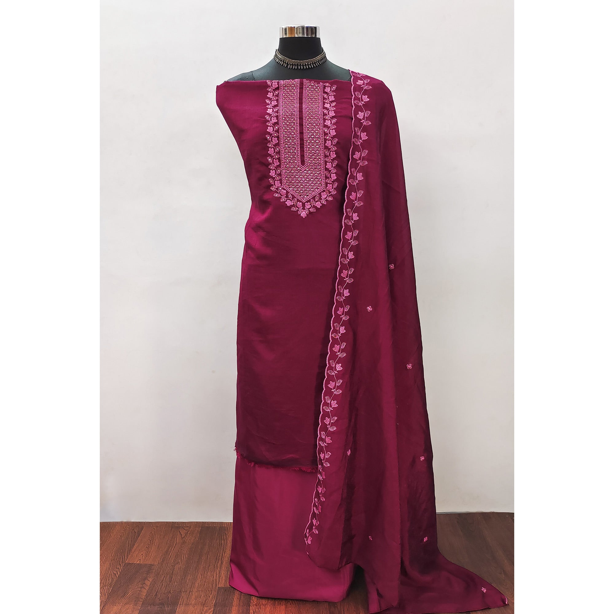 Dark Pink Embroidered Vichitra Silk Dress Material