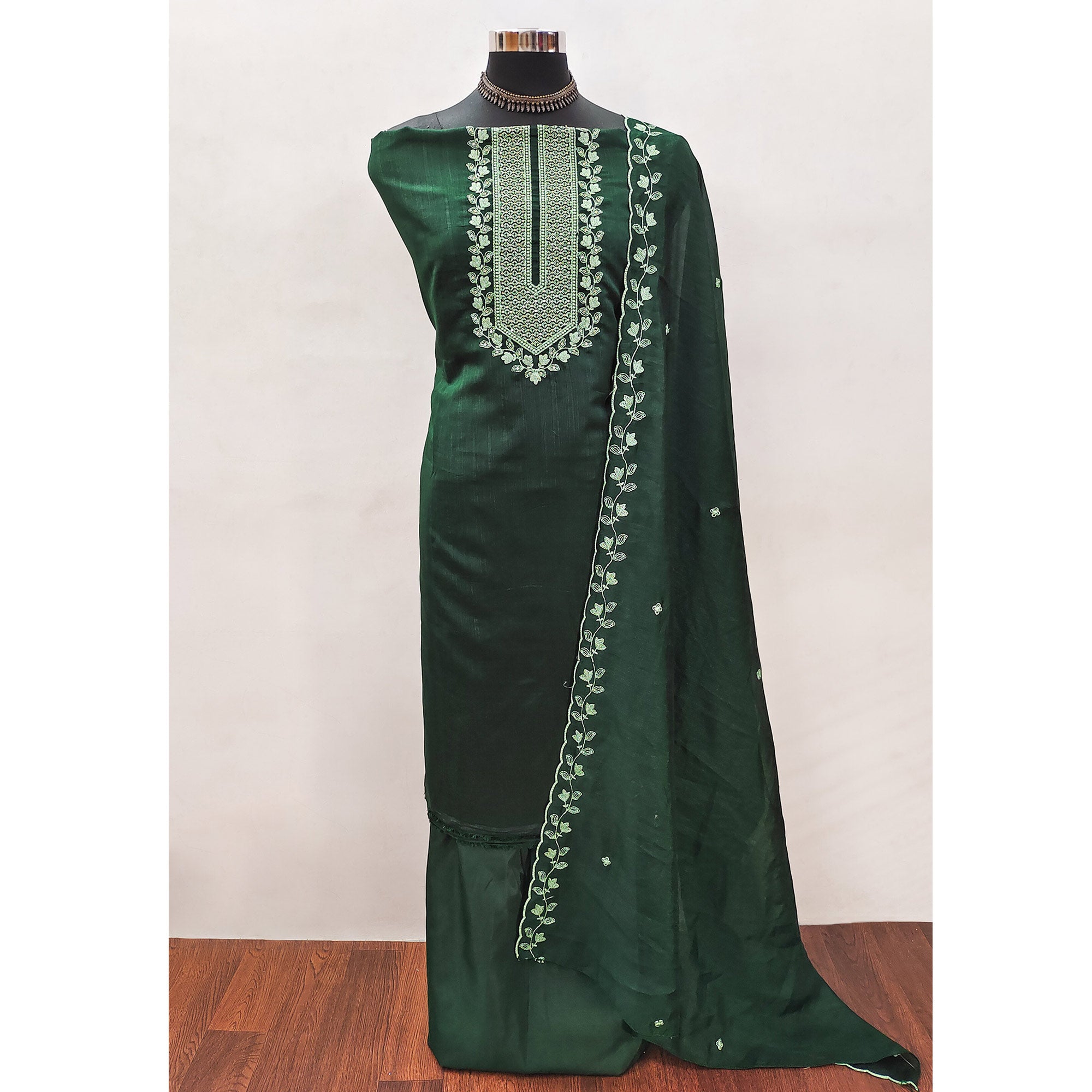 Green Embroidered Vichitra Silk Dress Material