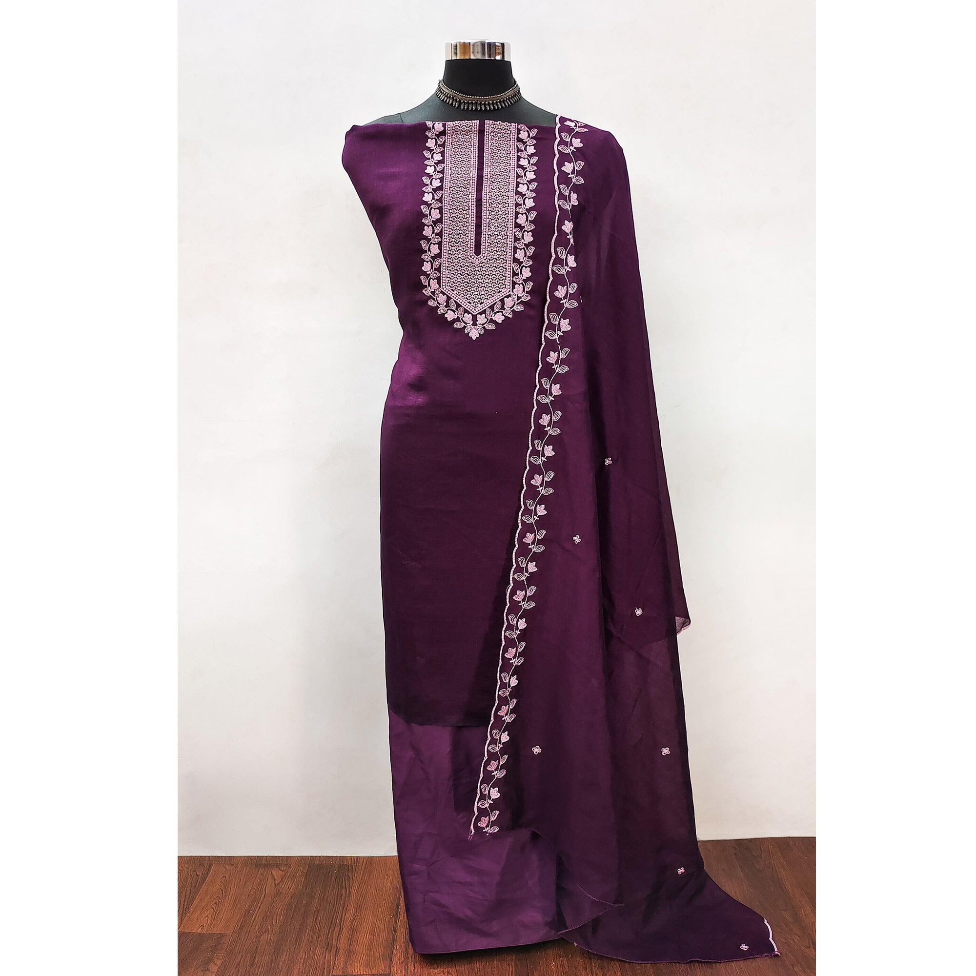 Purple Embroidered Vichitra Silk Dress Material